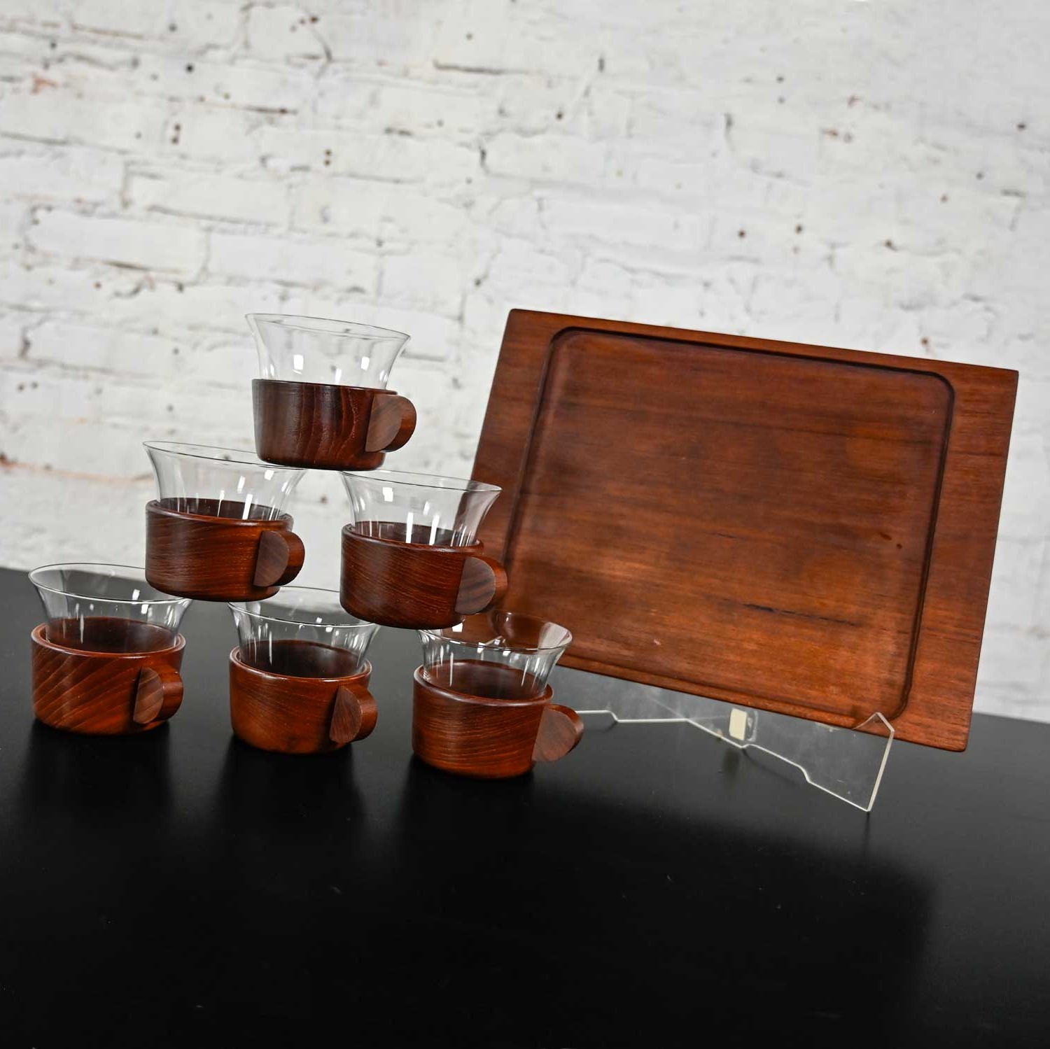 Vintage Mid Century Modern Galatix Hand Made Burma Teak Tea Service Set of 6 with Tray