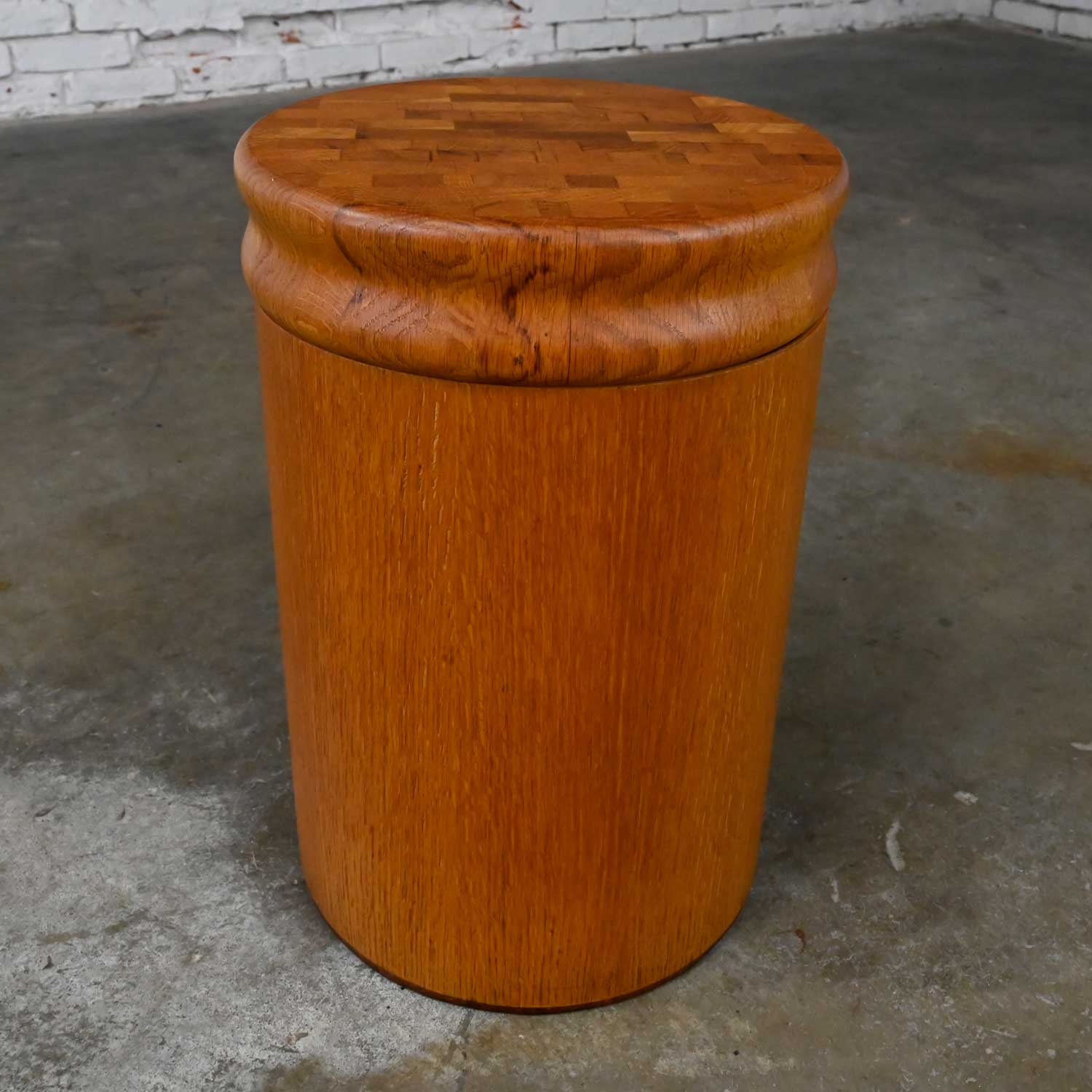Vintage Modern to Post Modern Cylindrical Drum Table with Solid Oak Butcher Block Lid & Storage