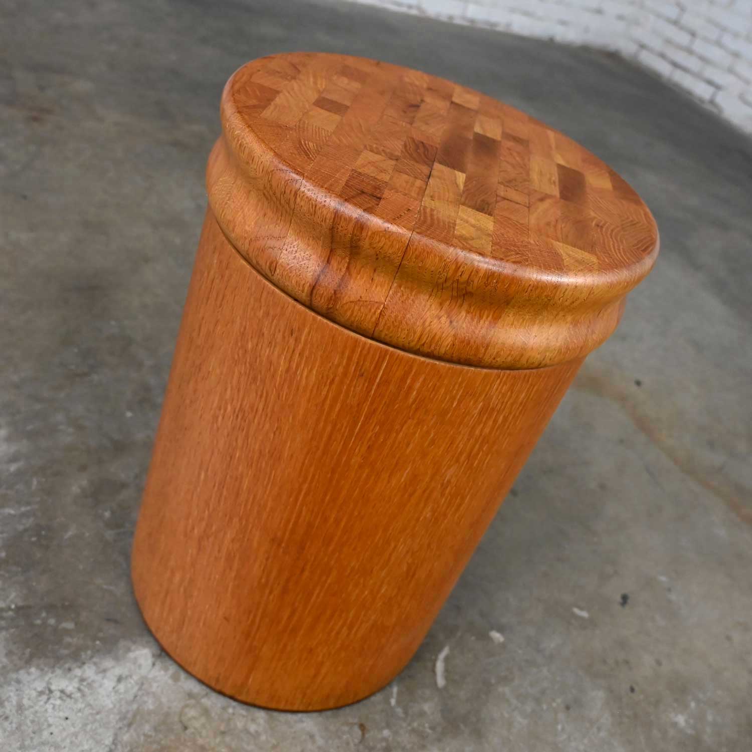 Vintage Modern to Post Modern Cylindrical Drum Table with Solid Oak Butcher Block Lid & Storage