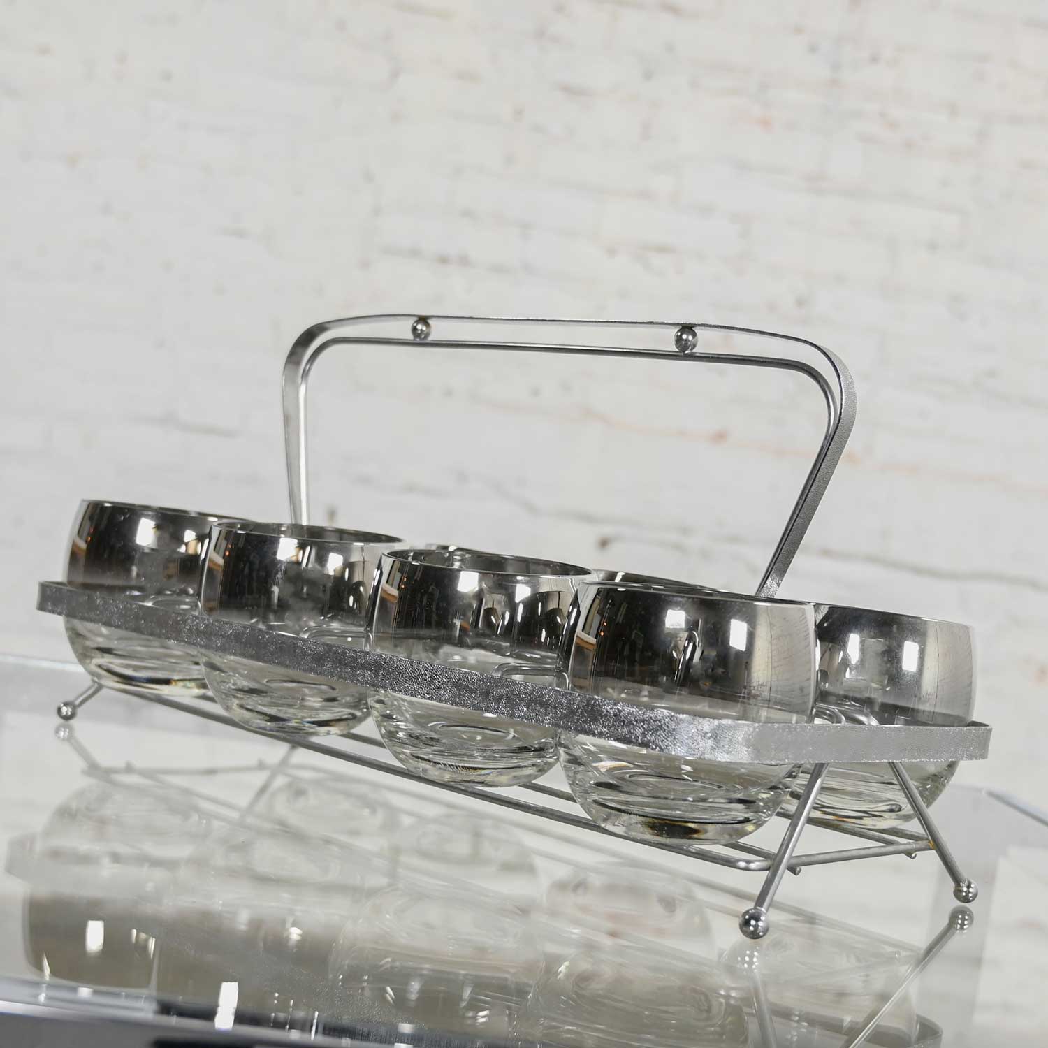 Vintage MCM Silver Fade Roly Poly Cocktail Glasses Set of 8 with Chrome Carrier Style of Dorothy Thorpe