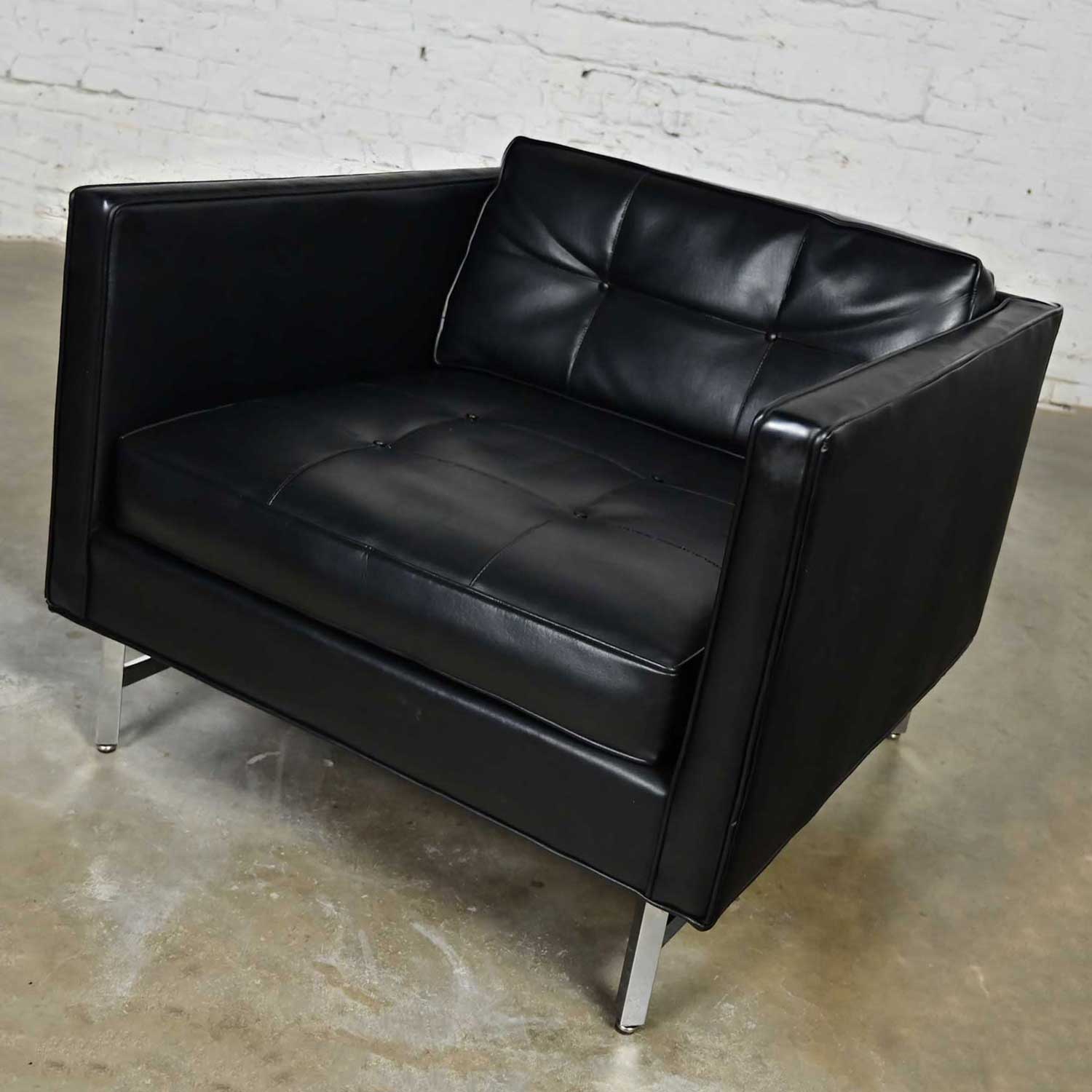 Vintage Modern Maurice Villency Button Back Black Vinyl Faux Leather Cube Club Chair Chrome Legs
