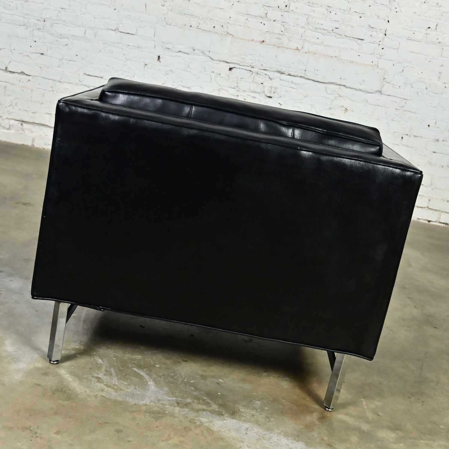 Vintage Modern Maurice Villency Button Back Black Vinyl Faux Leather Cube Club Chair Chrome Legs
