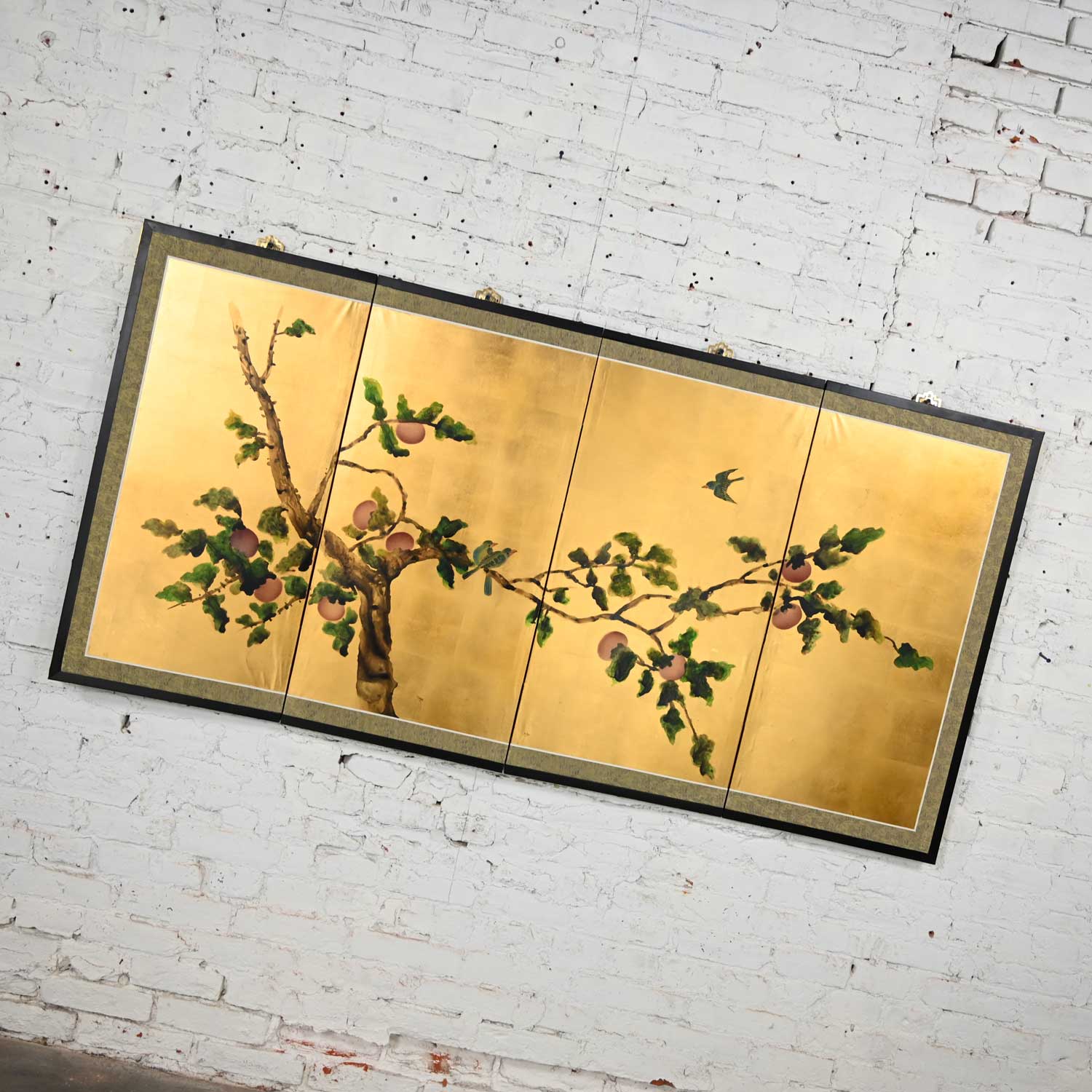 Vintage Chinoiserie Asian 4 Panel Silk Byobu Folding Screen or Wall Hanging Brass Hanging Brackets
