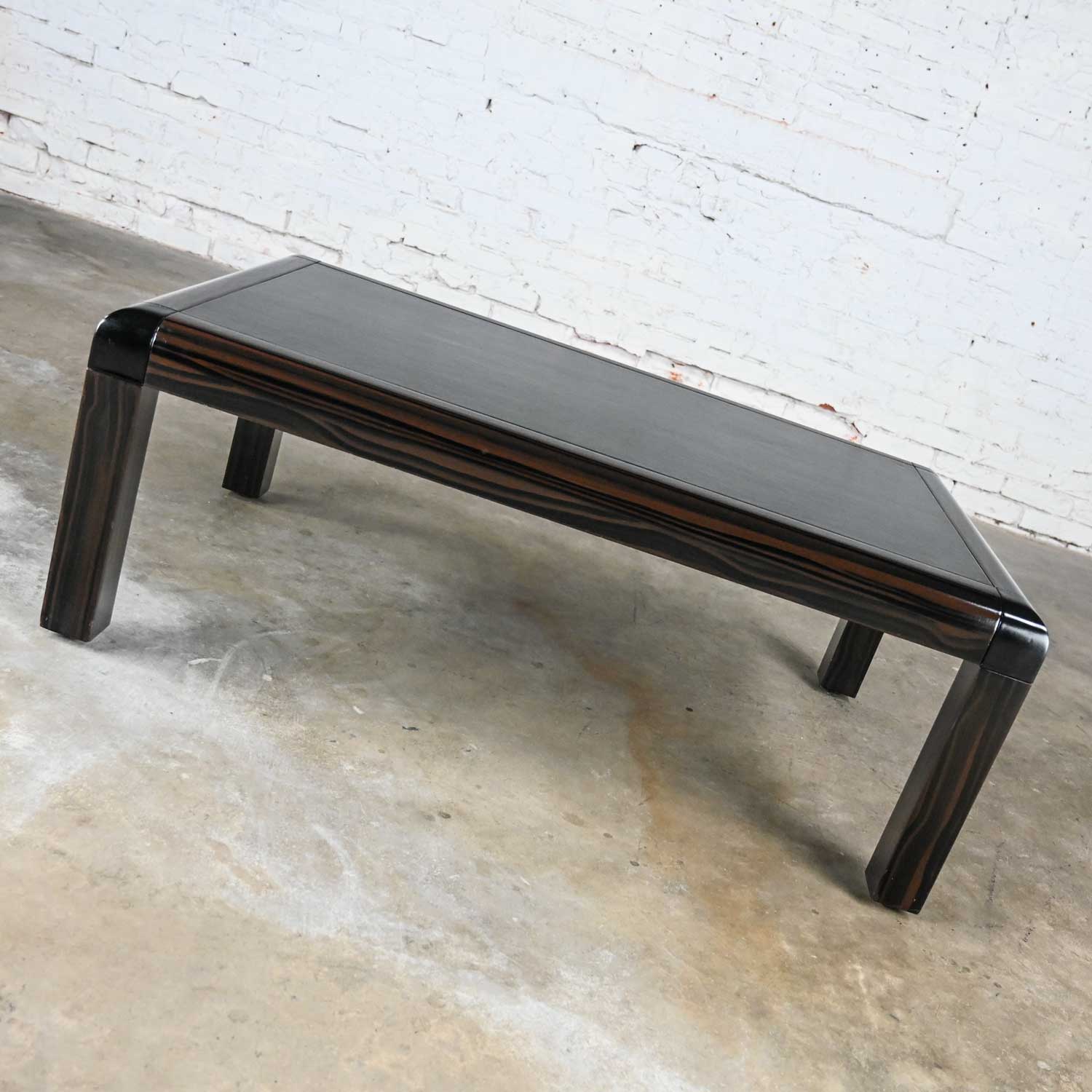 Vintage Modern Coffee Table Black & Faux Finish Lacquer with Black Leather Top Signed by Karl Springer