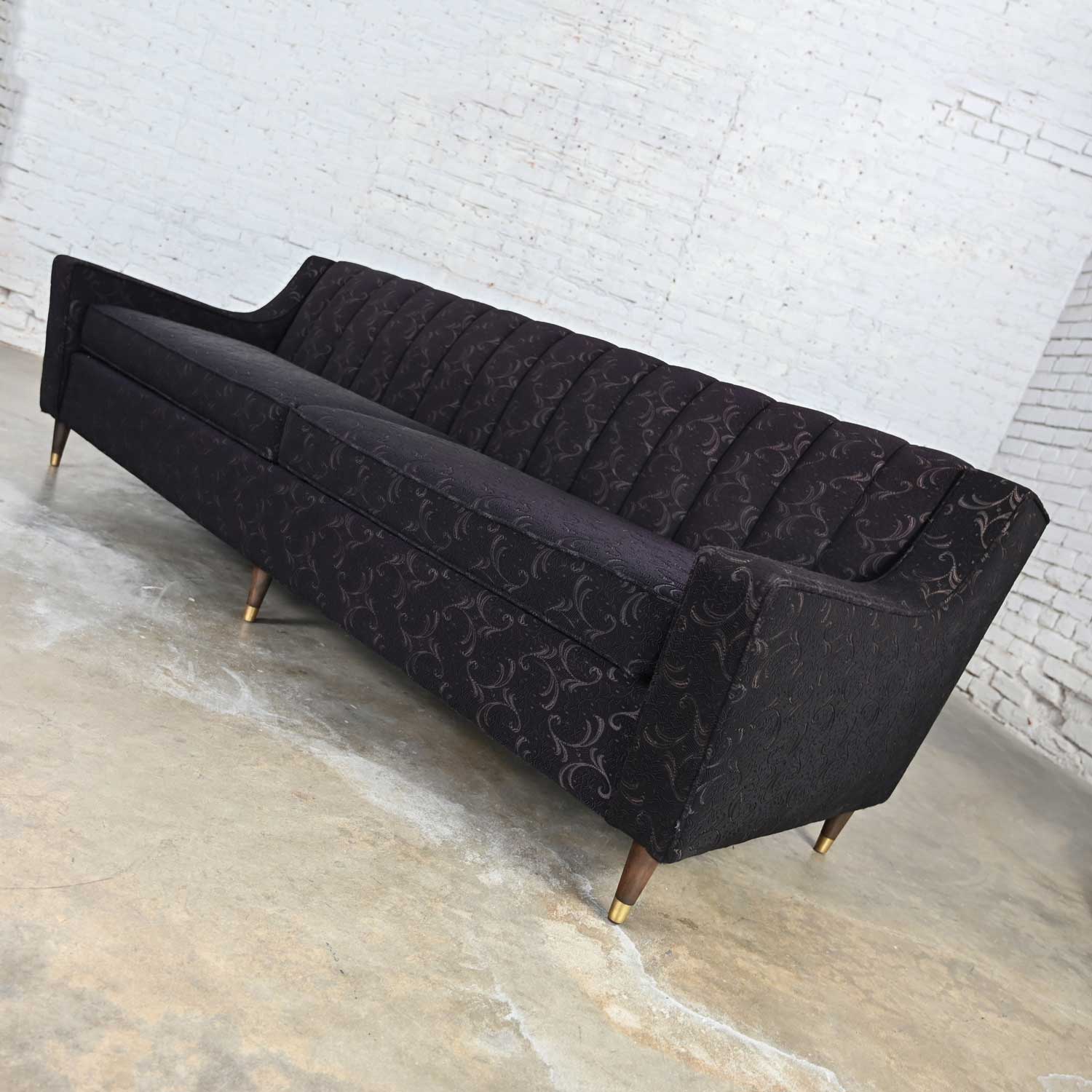 Vintage Mid-Century Modern Modified Lawson Style Sofa Black Frieze Fabric & Channeled Back