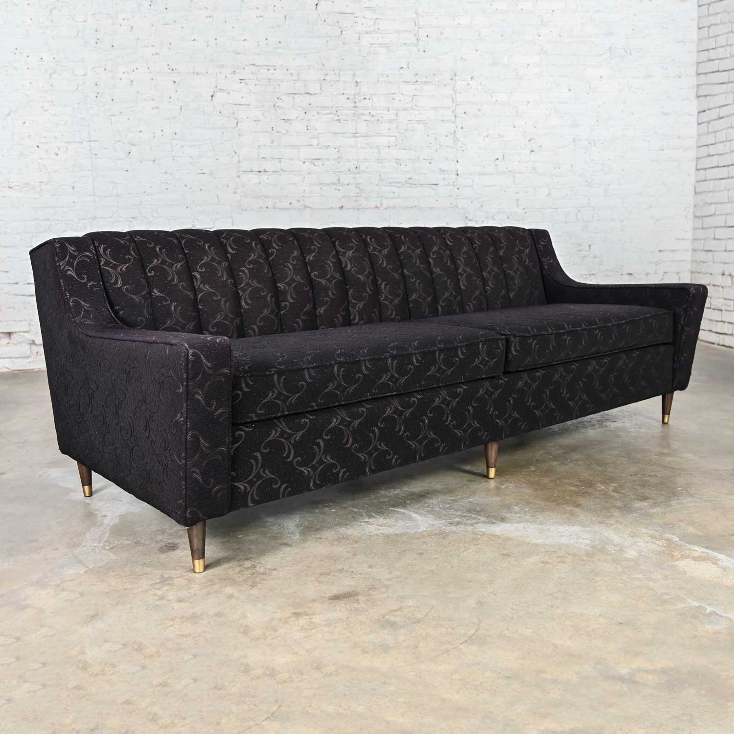 Vintage Mid-Century Modern Modified Lawson Style Sofa Black Frieze Fabric & Channeled Back