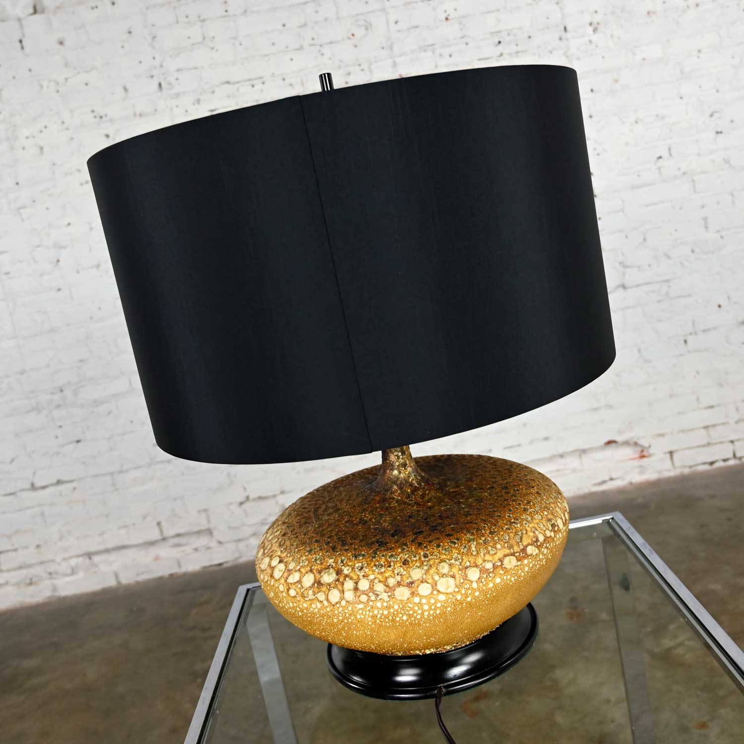 Mid Century Modern Lava Glazed Large Scale Squatty Table Lamp with Faux Silk Drum Shade