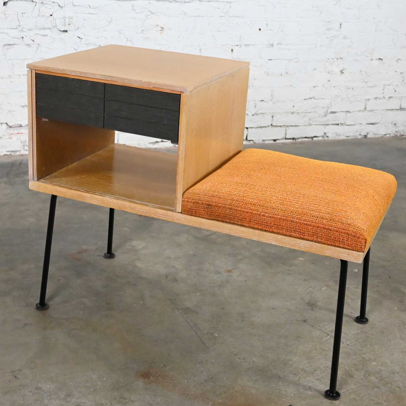 Vintage Mid-Century Modern Mengel Limed & Cerused Oak Telephone Bench by Raymond Lowey