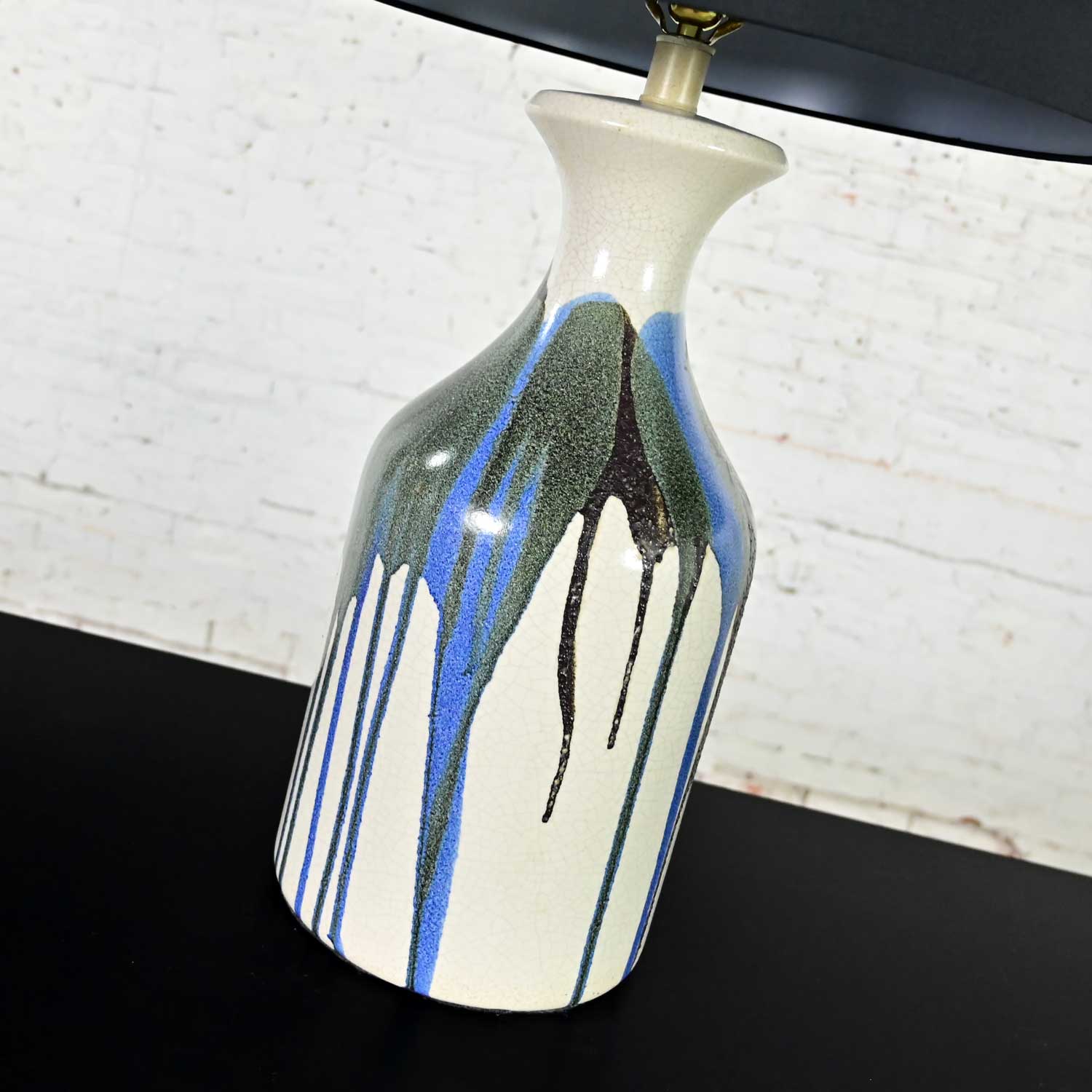 Vintage Mid Century Modern Blue & Black Drip Glaze Ceramic Large Scale Lamps New Black Drum Shades a Pair