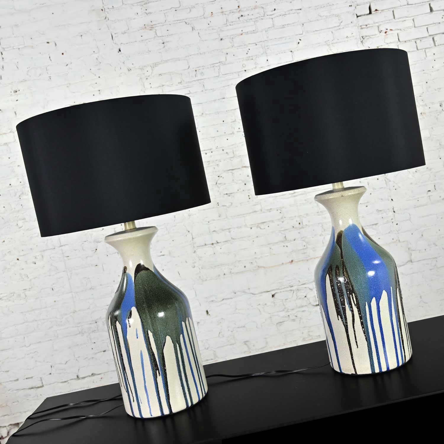 Vintage Mid Century Modern Blue & Black Drip Glaze Ceramic Large Scale Lamps New Black Drum Shades a Pair