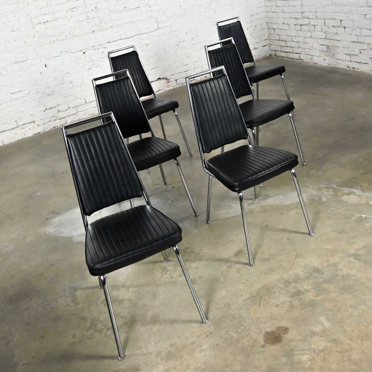 MCM Chromcraft Ribbed Black Vinyl Faux Leather & Chrome Dining Chairs Set of 6