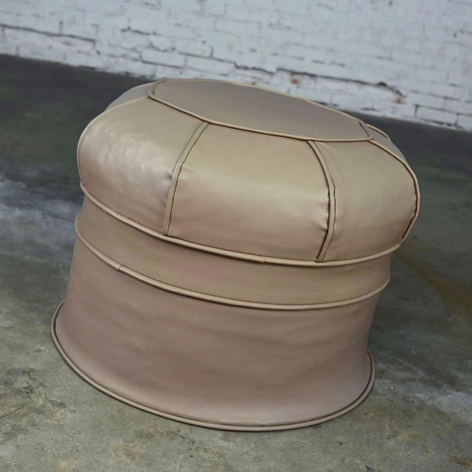 Vintage Mid Century Modern Beige Faux Leather Vinyl Octagonal Hassock Ottoman or Footstool