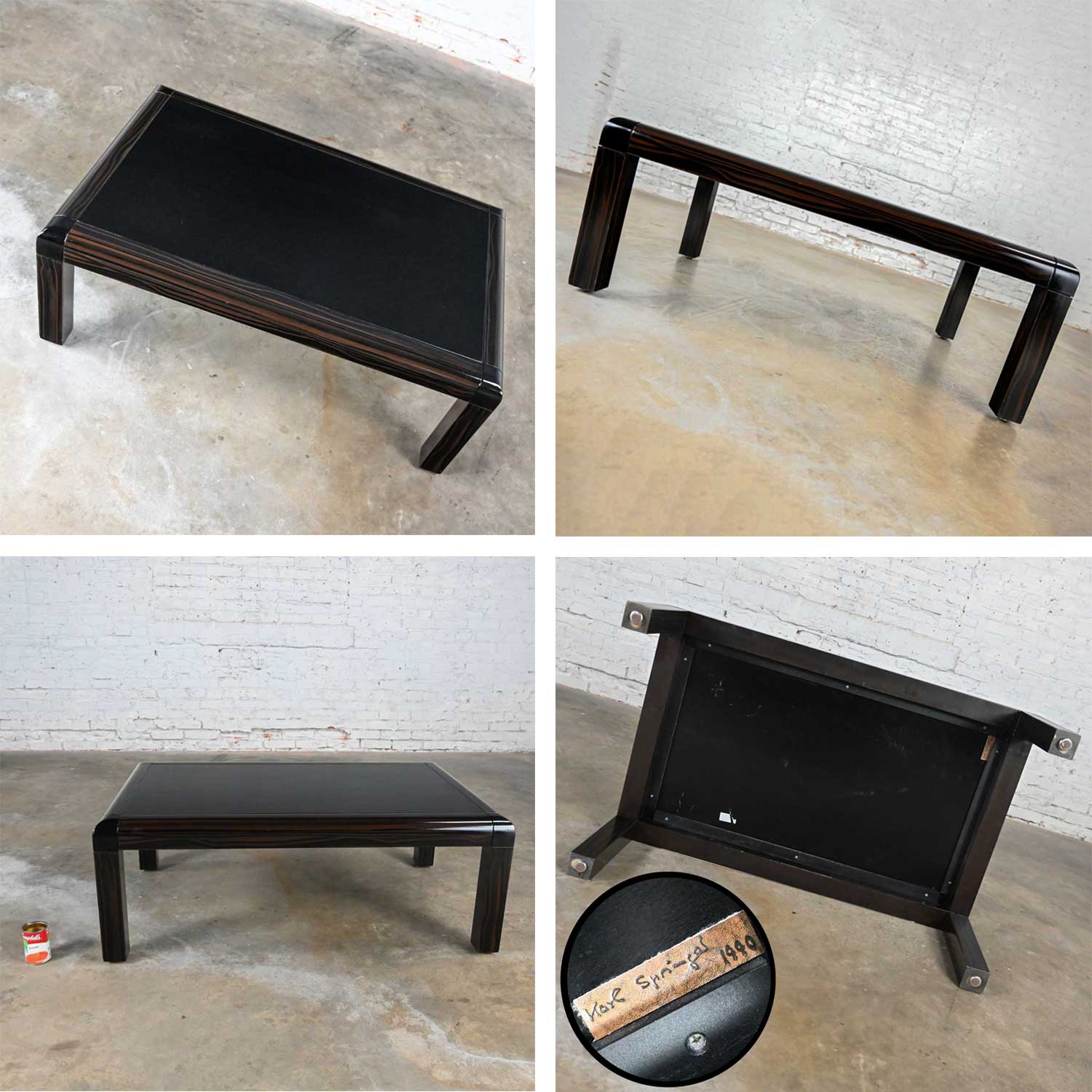 Vintage Modern Coffee Table Black & Faux Finish Lacquer with Black Leather Top Signed by Karl Springer