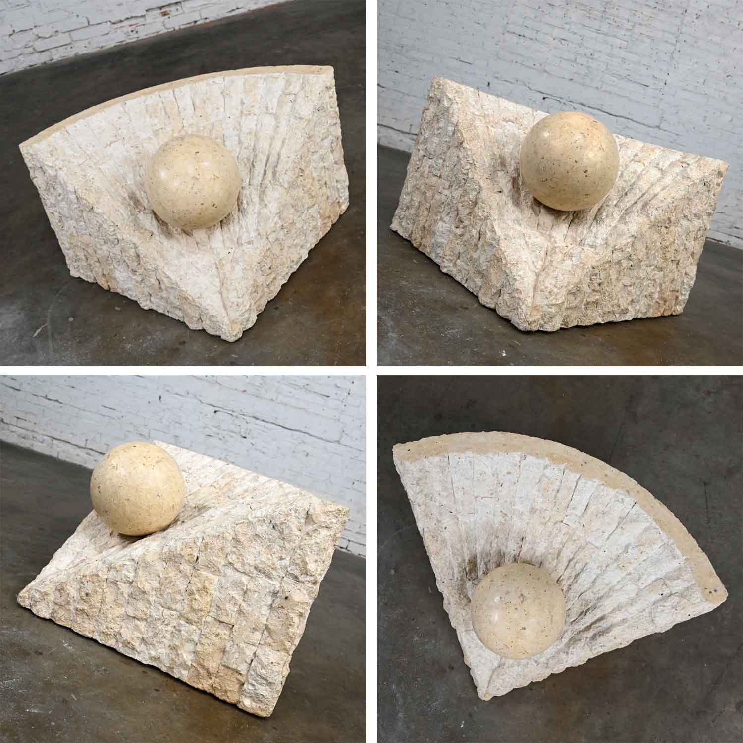 Postmodern Tessellated Mactan Stone Triangular Base & Glass Top Coffee Table Large Sphere Style Maitland Smith