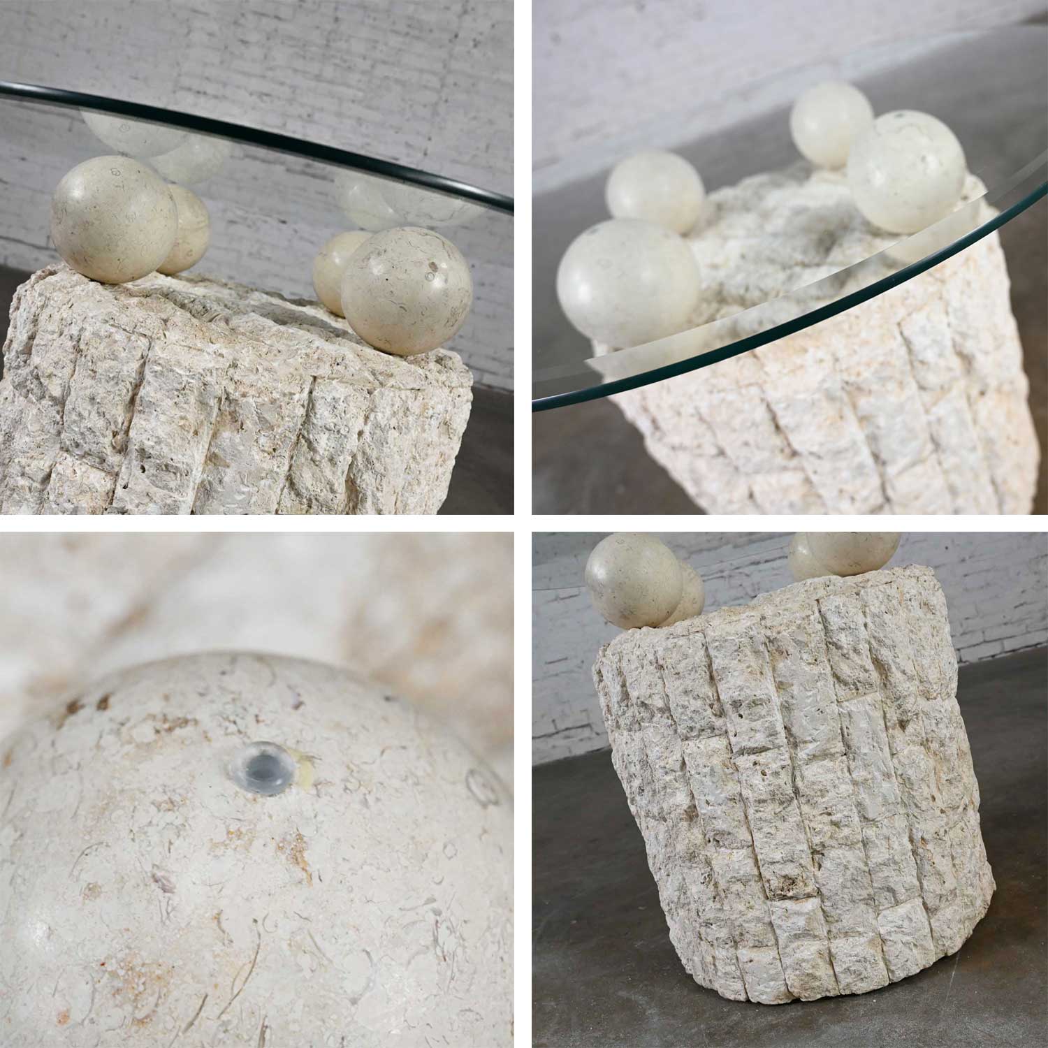 Postmodern Round Tessellated Mactan Stone Base Side Table with 4 Spheres Glass Top Style Maitland Smith