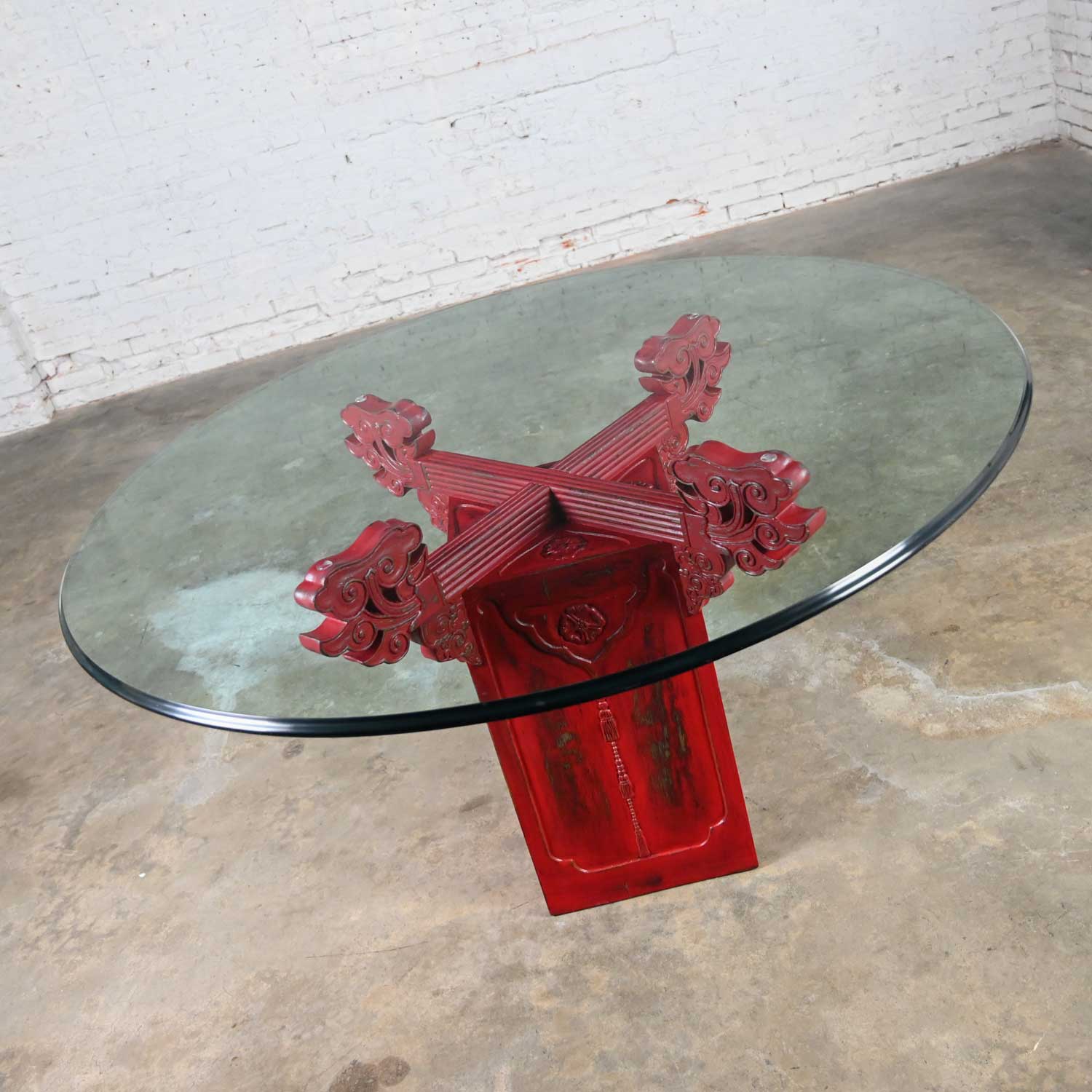 Vintage Chinoiserie Dining Table Distressed Red Asian Pedestal Base & Round Glass Top Ogee Edge