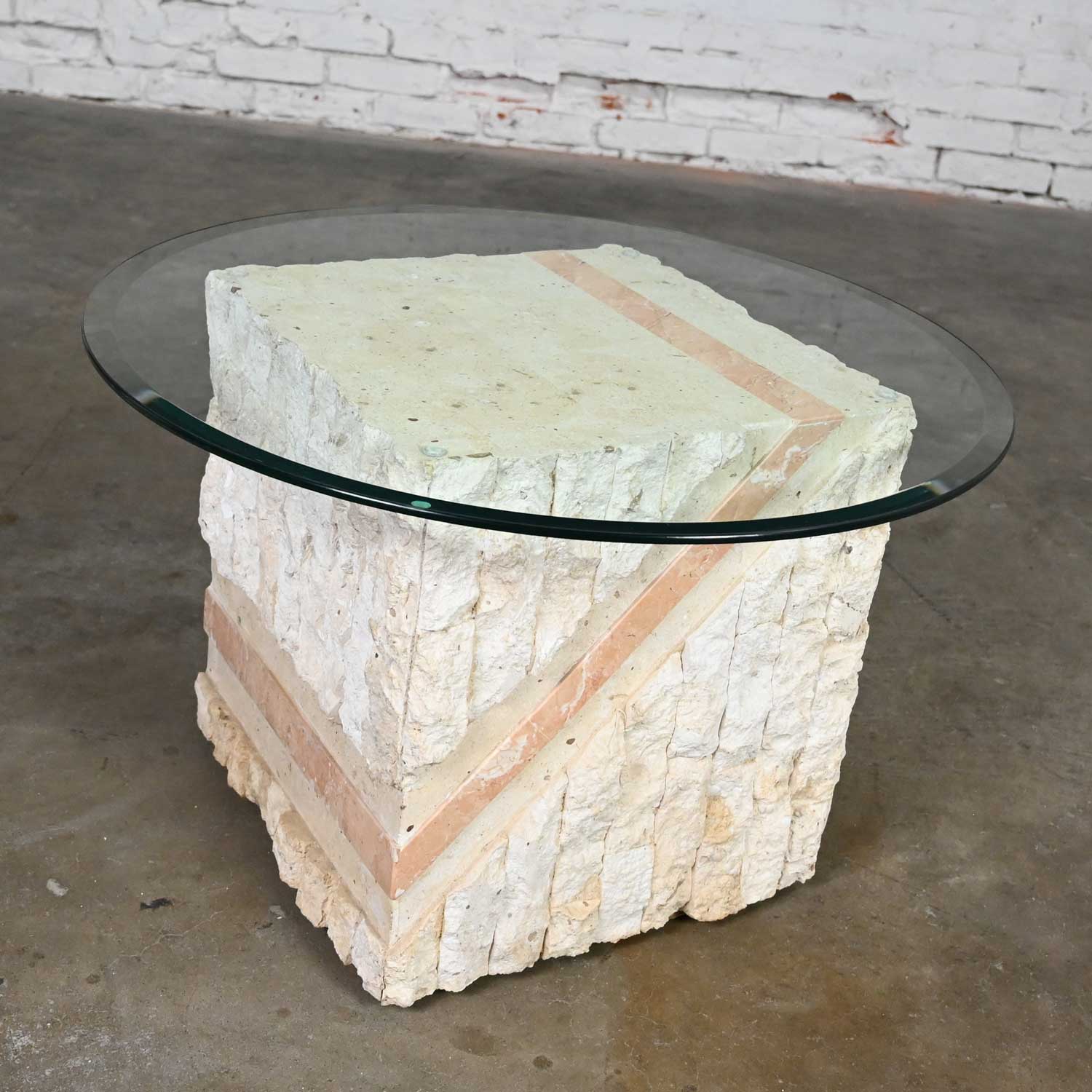 Modern Tessellated Mactan Stone Square End Table Peach Stripe Style of Maitland Smith