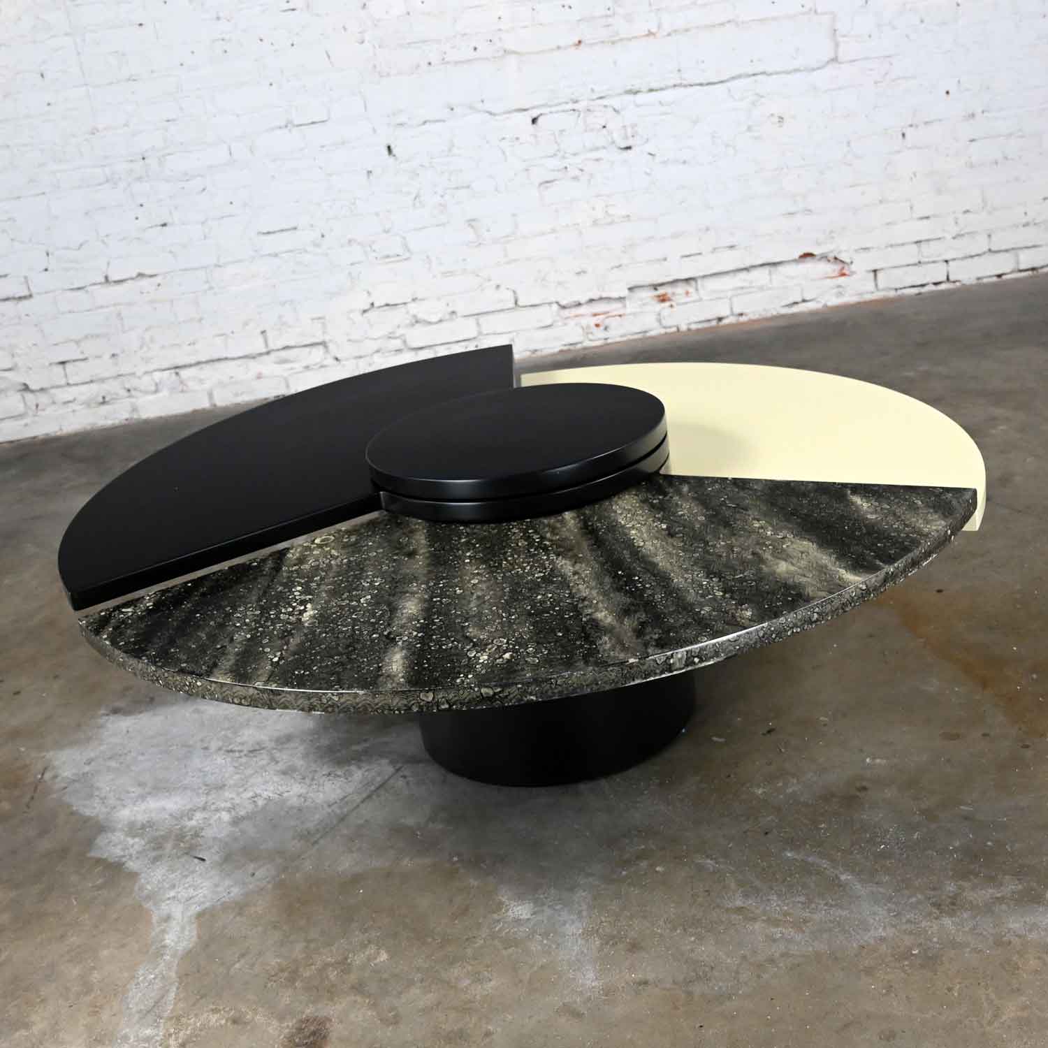 Postmodern Rotating Coffee Table with 3 Wedge Top Sections Black White & Faux Marble After Dakota Jackson Self Winding Coffee Table