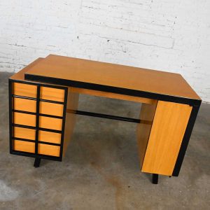 Vintage Mid Century Modern Art Deco Maple Colored Desk with Black Accents by American of Martinsville