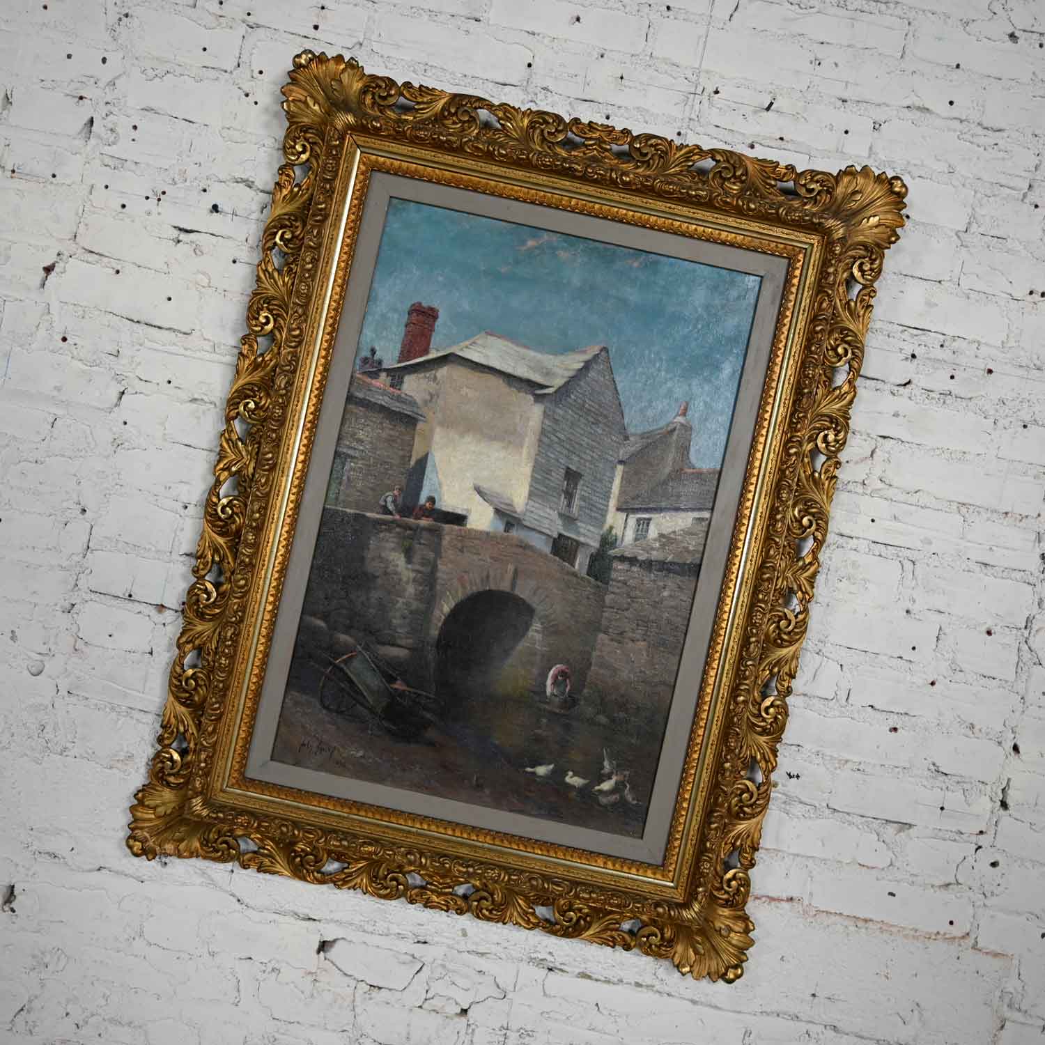 Antique Realism Landscape Oil Painting by Hely Smith Titled Polperro Original Gilded Baroque Frame Dated 1896