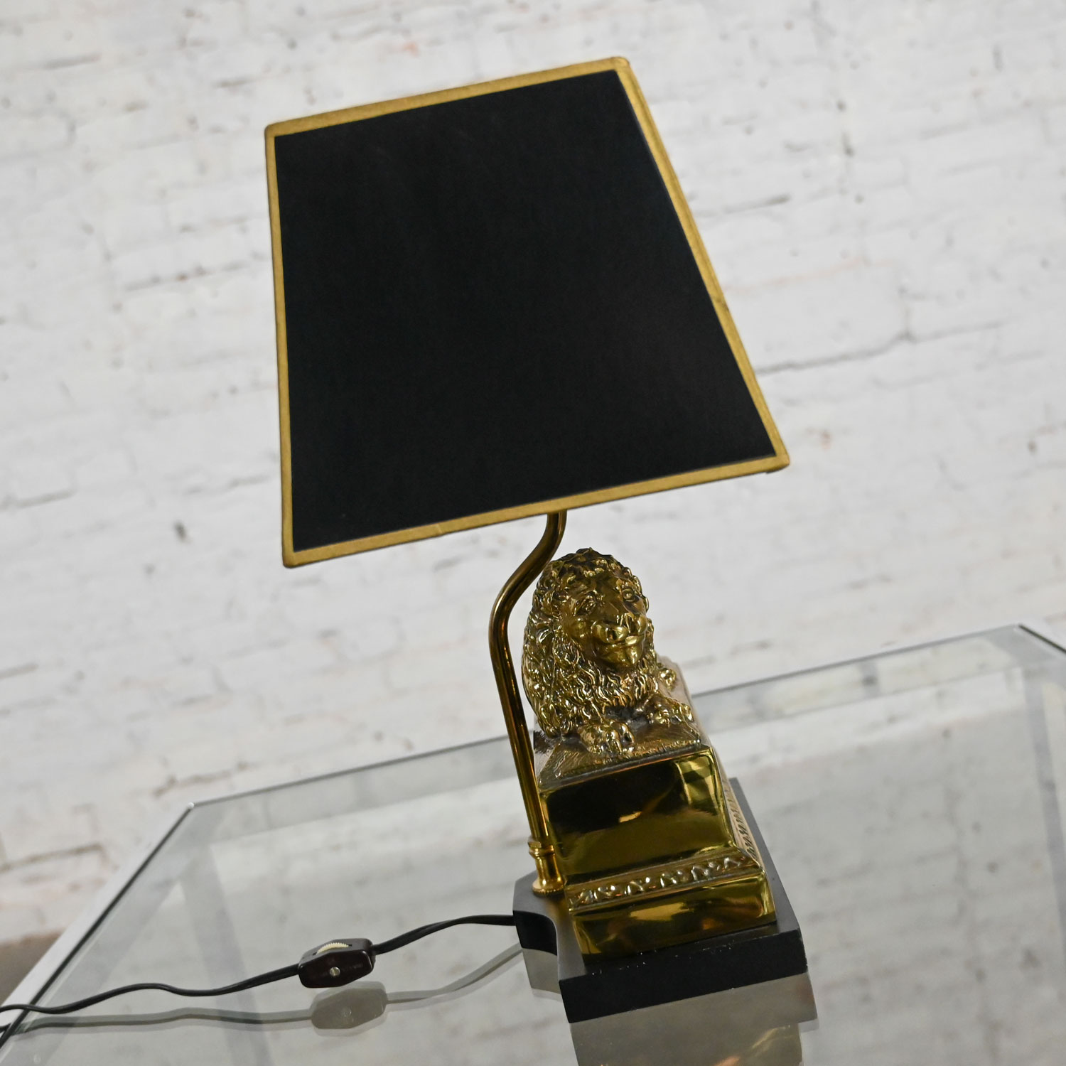 Vintage Neoclassic Brass Lion Low Desk Lamp Rectangular Black Shade