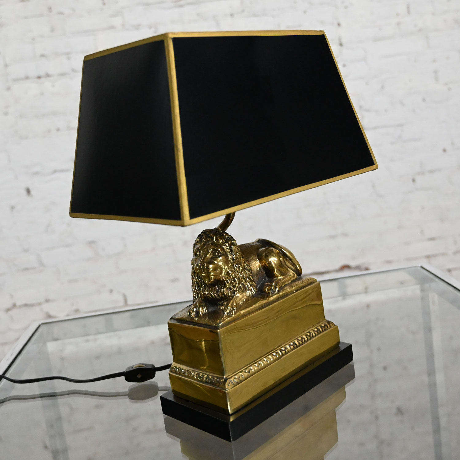 Vintage Neoclassic Brass Lion Low Desk Lamp Rectangular Black Shade