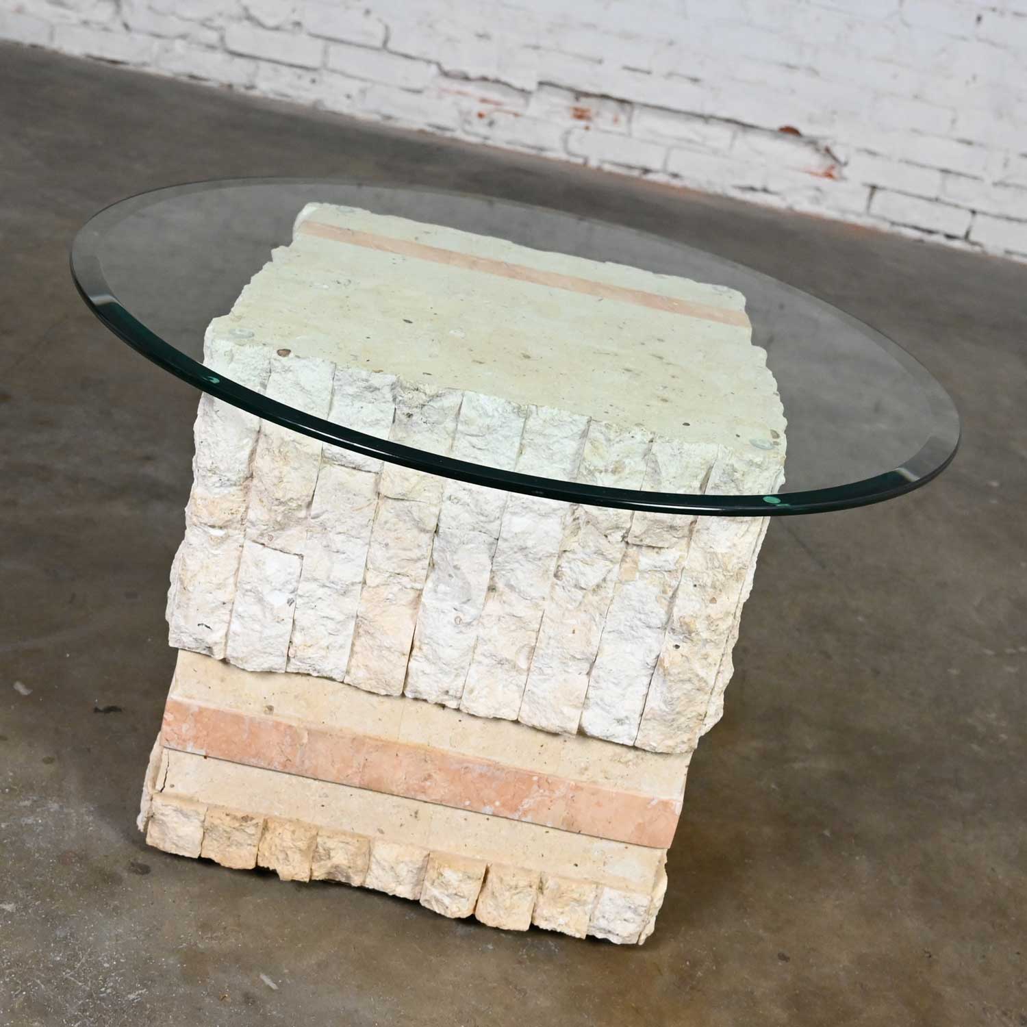 Modern Tessellated Mactan Stone Square End Table Peach Stripe Style of Maitland Smith