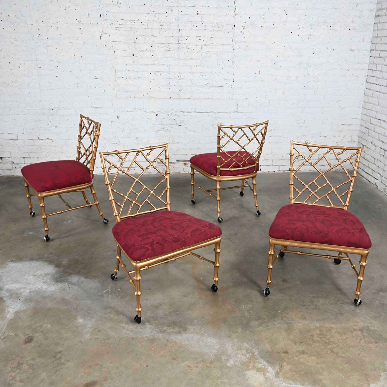 Vintage Chinoiserie Faux Bamboo Gold Painted Metal Rolling Chairs Style of Phyllis Morris Set of 4
