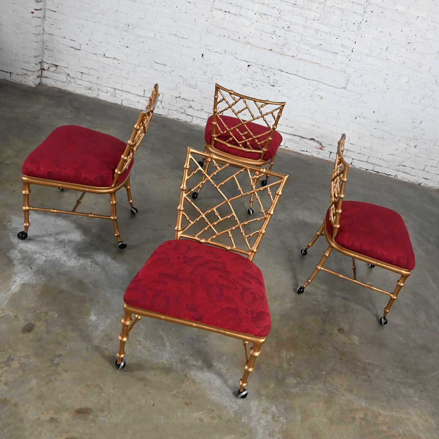 Vintage Chinoiserie Faux Bamboo Gold Painted Metal Rolling Chairs Style of Phyllis Morris Set of 4