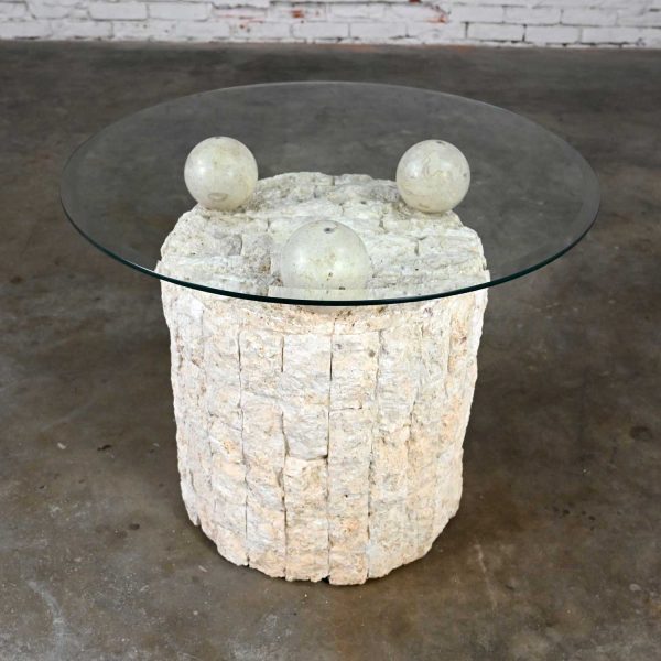 Postmodern Round Tessellated Mactan Stone Base Side Table with 3