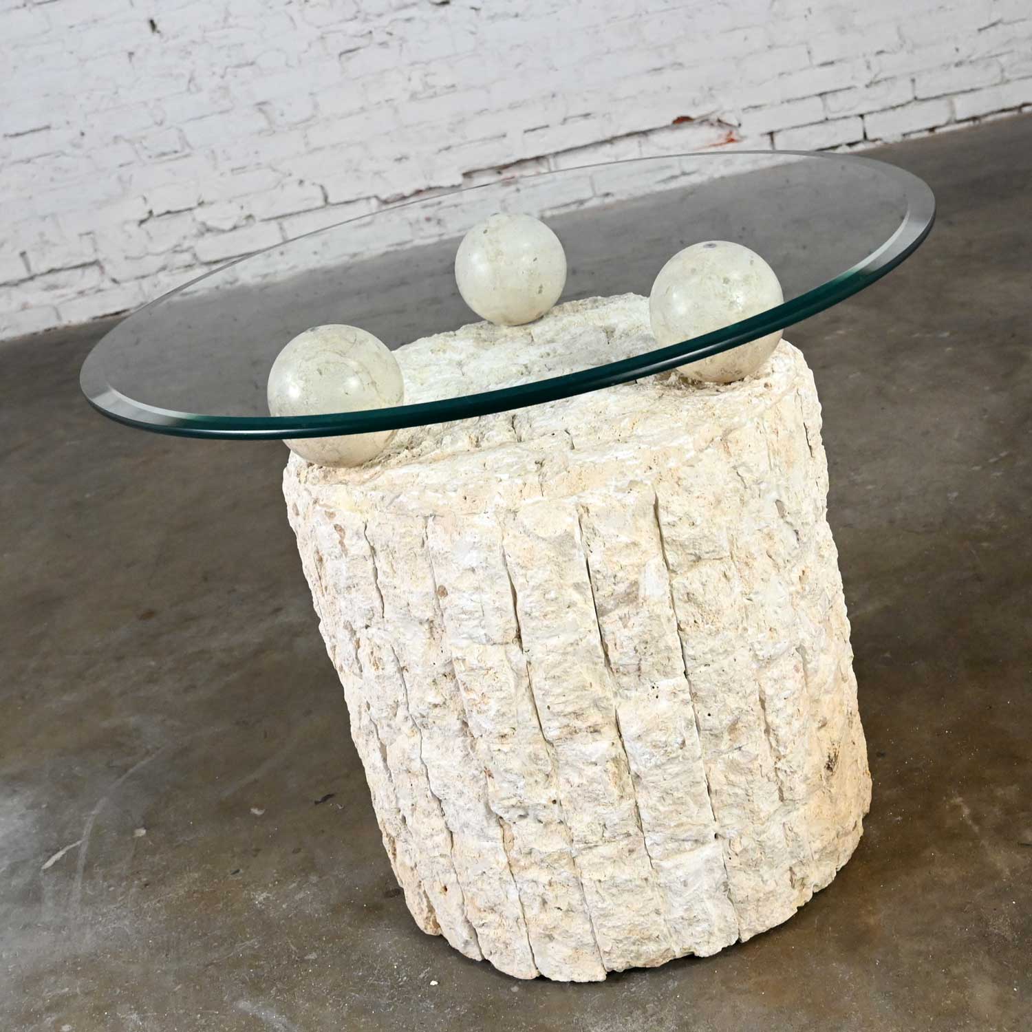 Postmodern Round Tessellated Mactan Stone Base Side Table with 3 Spheres Glass Top Style Maitland Smith