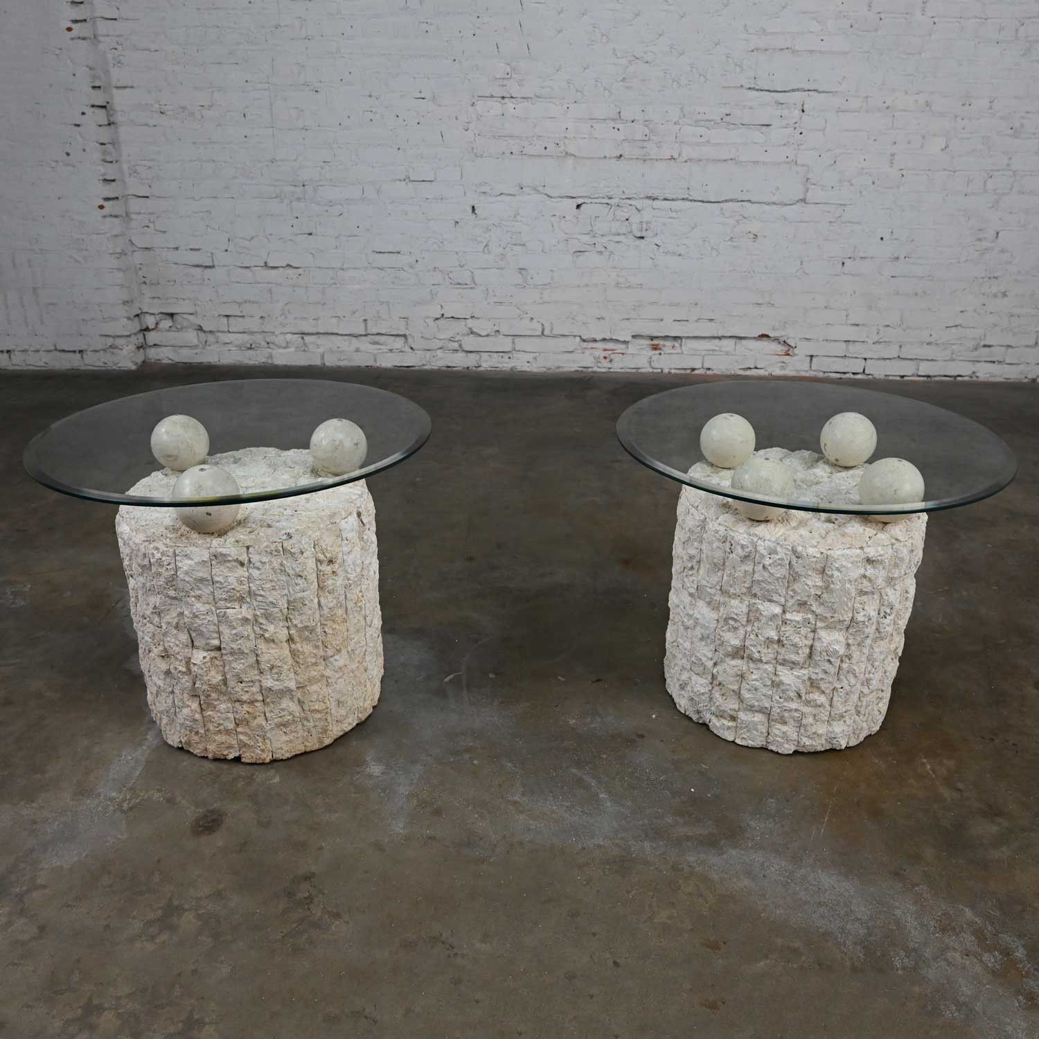 Postmodern Round Tessellated Mactan Stone Base Side Table with 3 Spheres Glass Top Style Maitland Smith