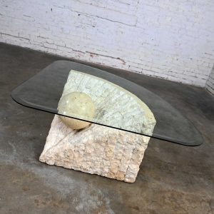 Postmodern Tessellated Mactan Stone Triangular Base & Glass Top Coffee Table Large Sphere Style Maitland Smith