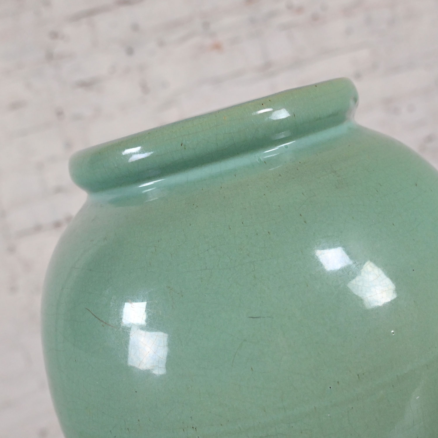 Vintage Large Arts & Crafts Sea Green Crackle Glazed Urn Shaped Floor Vase