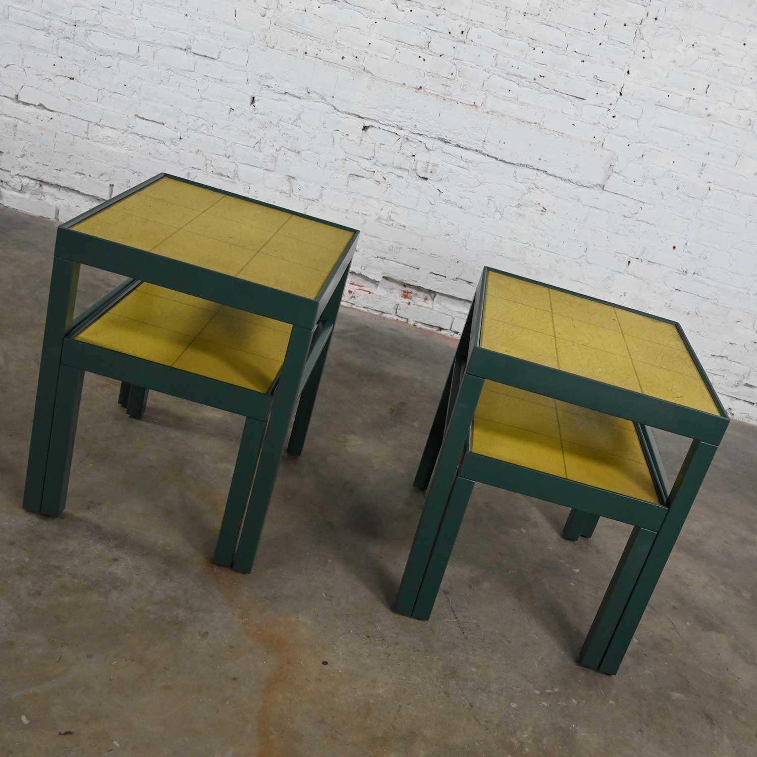 Vintage Campaign Modified Parsons Nesting Tables with Chartreuse Leather Tops 2 Sets of 2 by Kittinger Furniture