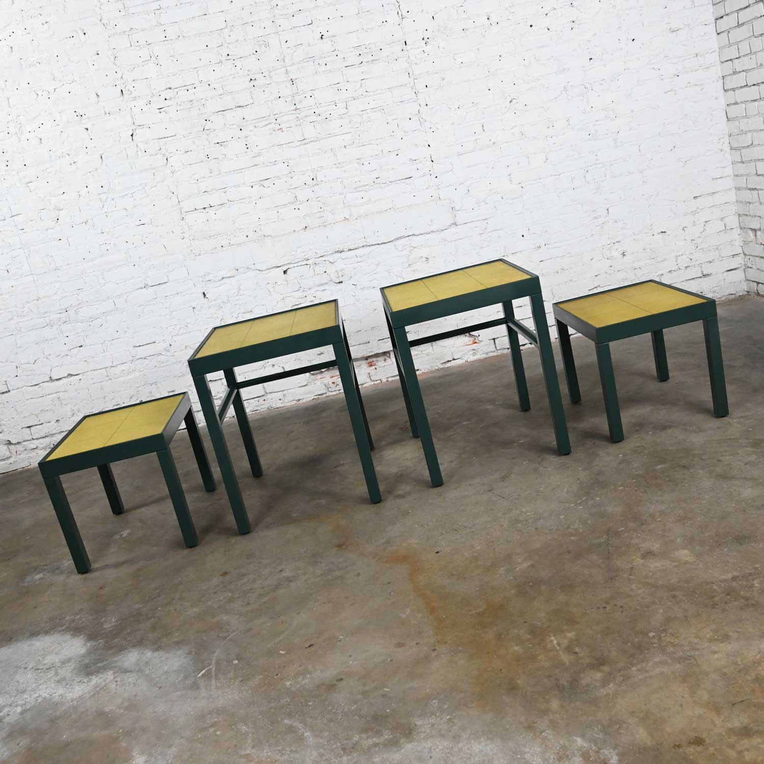 Vintage Campaign Modified Parsons Nesting Tables with Chartreuse Leather Tops 2 Sets of 2 by Kittinger Furniture