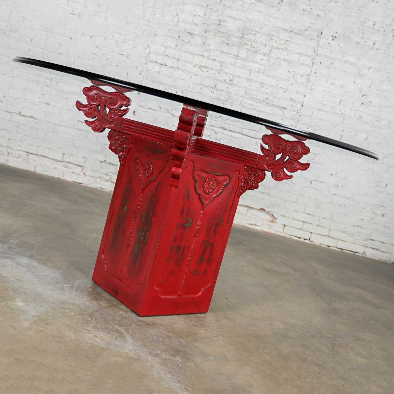 Vintage Chinoiserie Dining Table Distressed Red Asian Pedestal Base & Round Glass Top Ogee Edge
