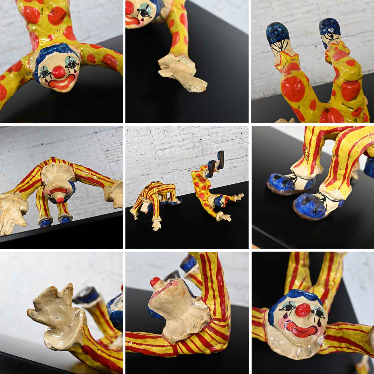 Vintage Handmade Painted Acrobatic Papier Mache Clowns from Mexico Attributed to Jeanne Valentine a Pair