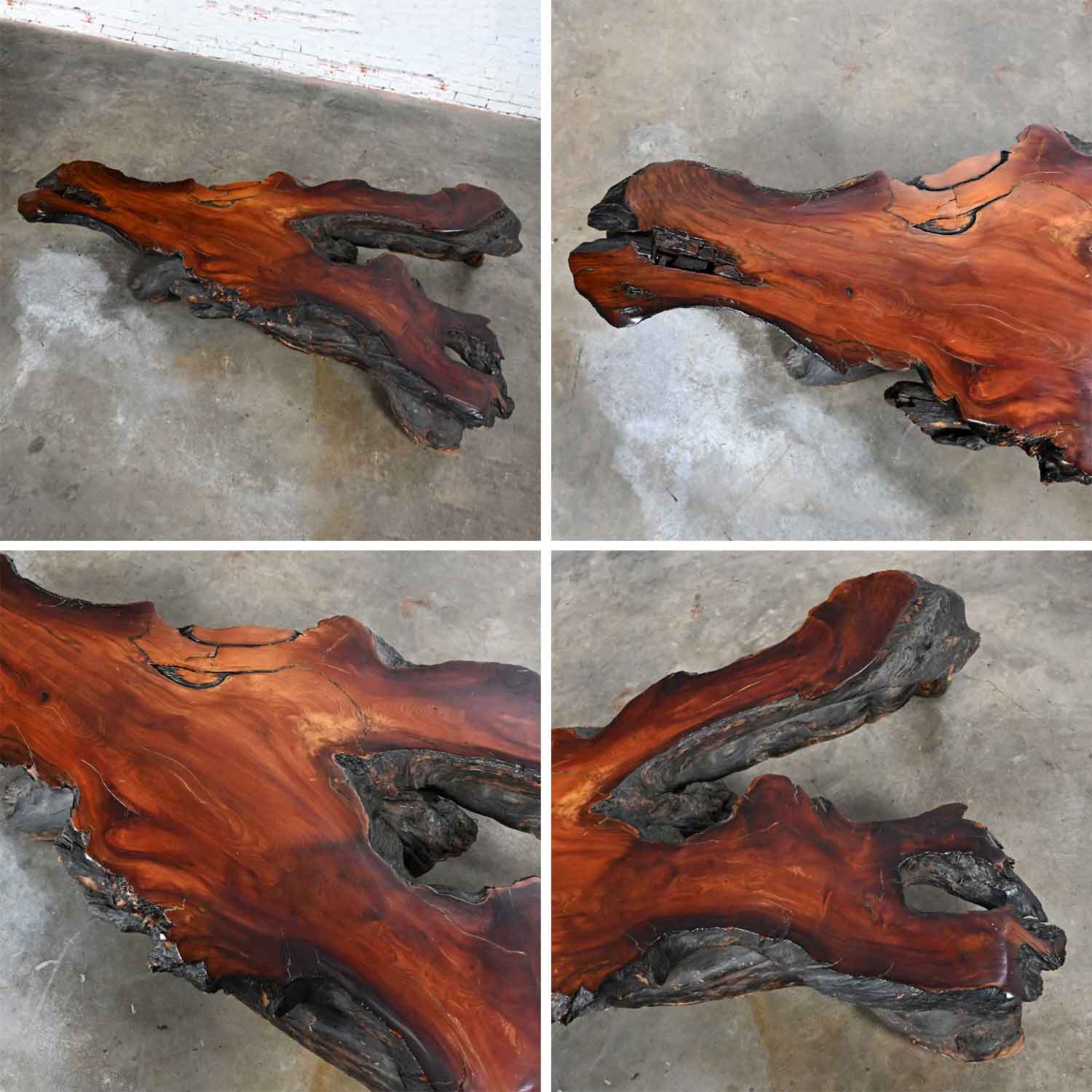 Vintage Rustic Handcrafted Free Form Live Edge Solid Slab Burl Redwood Very Large Coffee Table