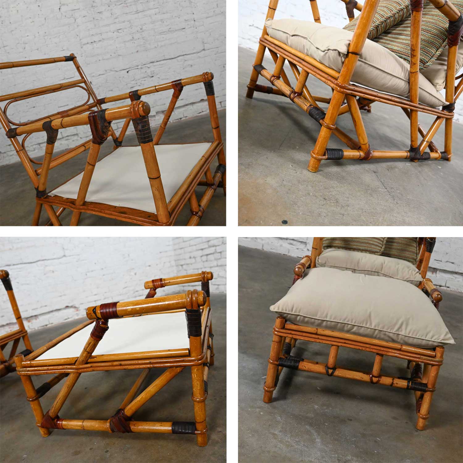 Vintage Campaign Island Style Rattan & Leather Lounge Chair & Ottoman Style Ficks Reed & McGuire