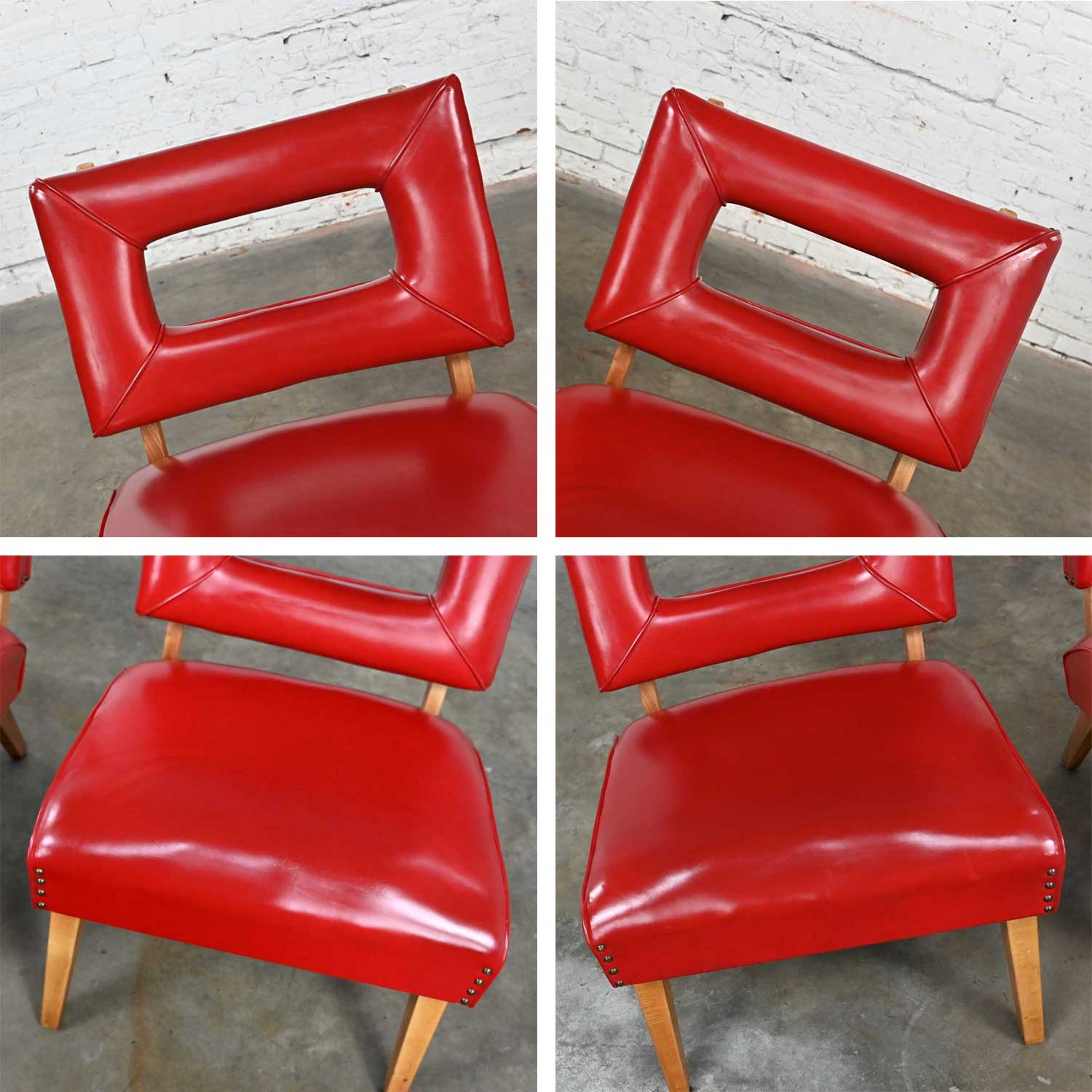 Vintage MCM Keyhole Back Original Red Faux Leather Slipper Chairs Attributed to Viking Artline a Pair