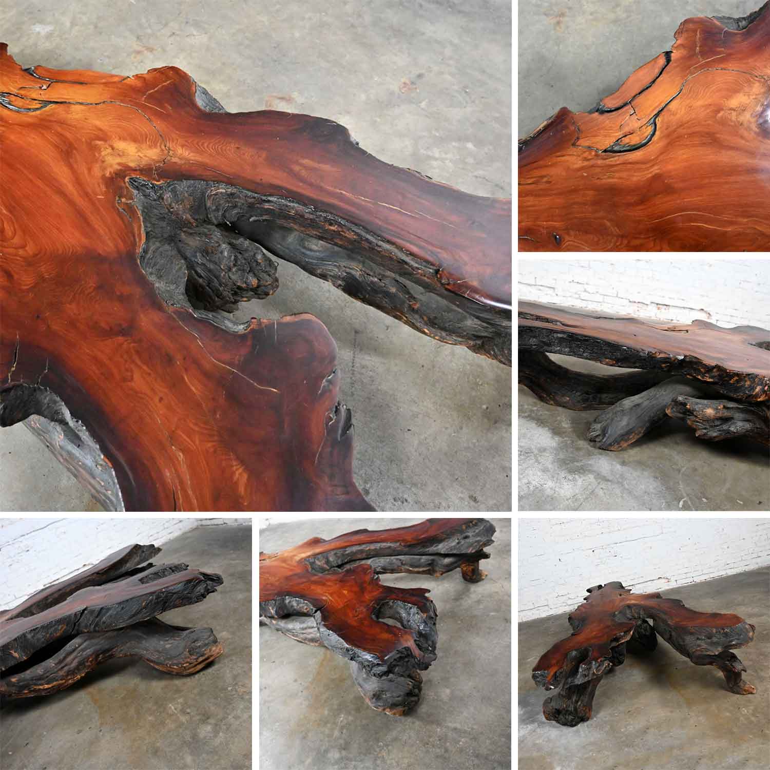 Vintage Rustic Handcrafted Free Form Live Edge Solid Slab Burl Redwood Very Large Coffee Table