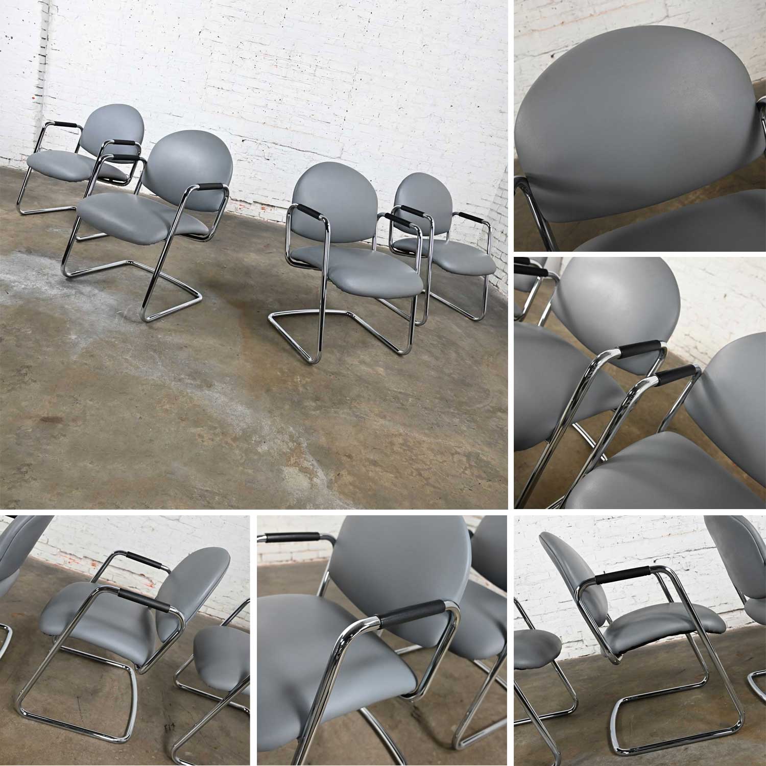 Vintage Modern Steelcase Chrome Tube Cantilever Base & Gray Faux Leather Chairs set of 4