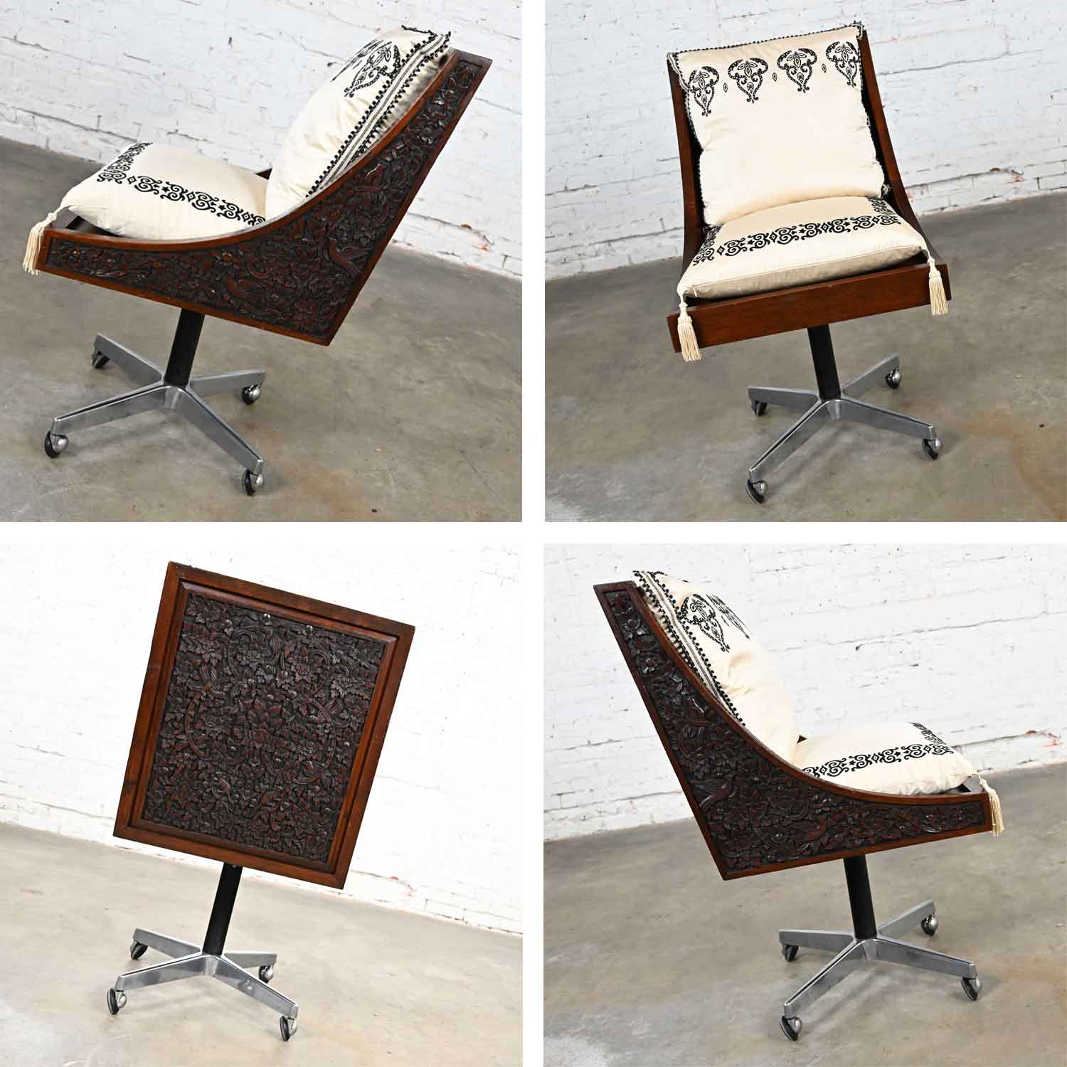 Vintage Chinoiserie Hand Carved Rosewood Rolling Desk Chair from Bangkok Thailand