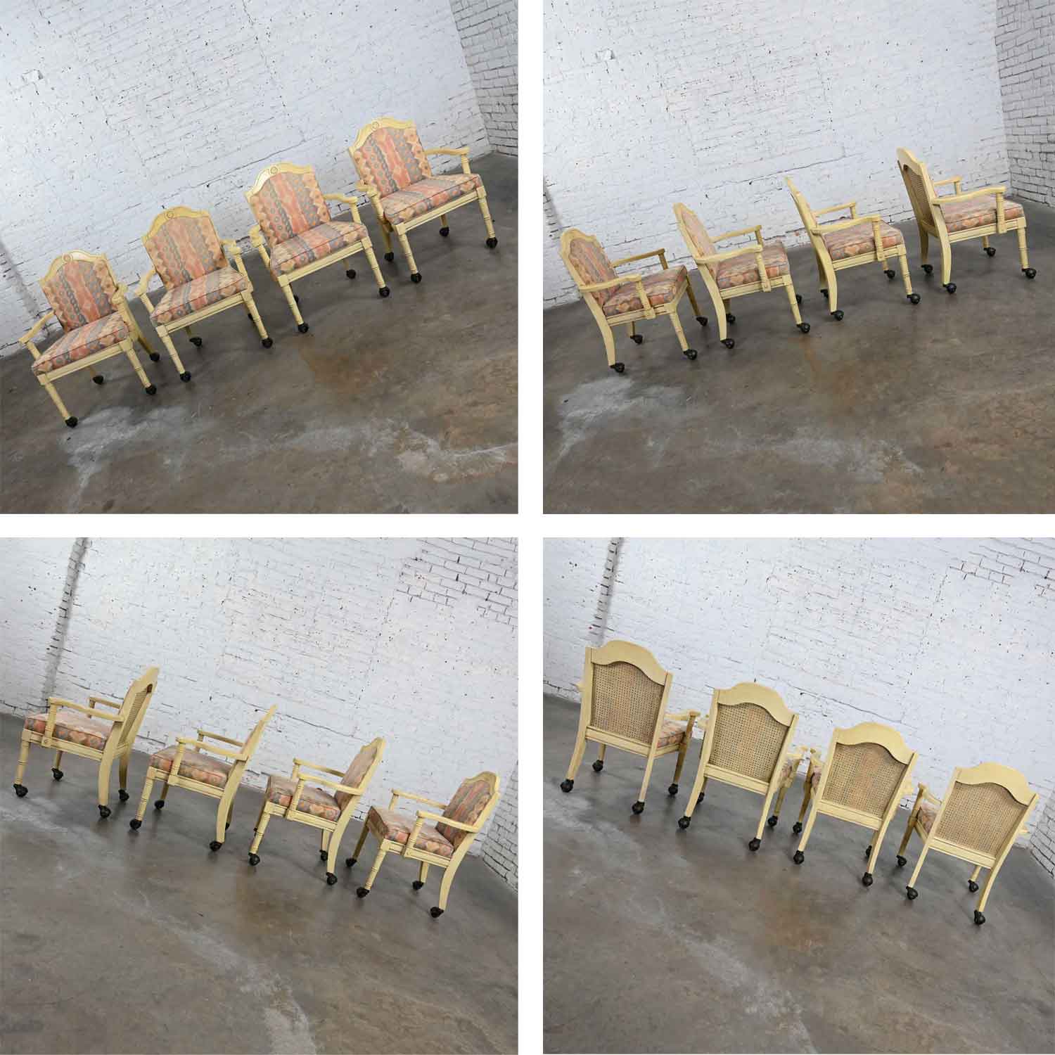 Vintage Campaign French Country Rolling Game Chairs Antiqued White Painted Finish Set of 4