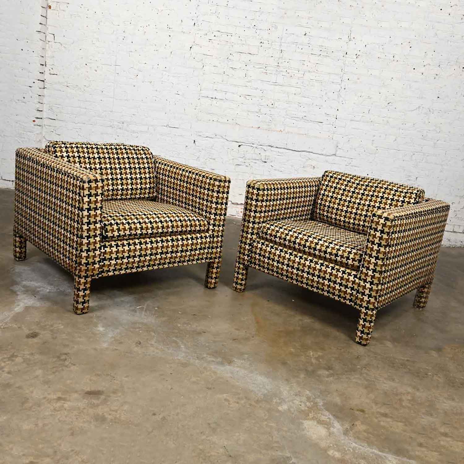 Vintage Mid-Century Modern to Modern Parson’s Cube Club Chairs Houndstooth Fabric a Pair
