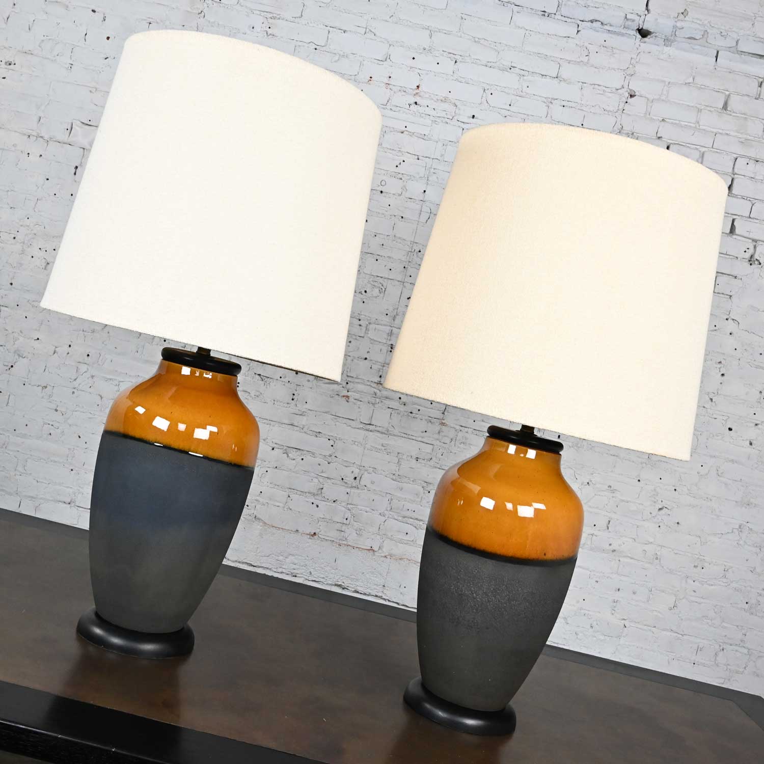 Vintage Mid Century Modern Black Matte & Gold Glazed Large Scale Table Lamps by Carstens Tonnieshof Germany