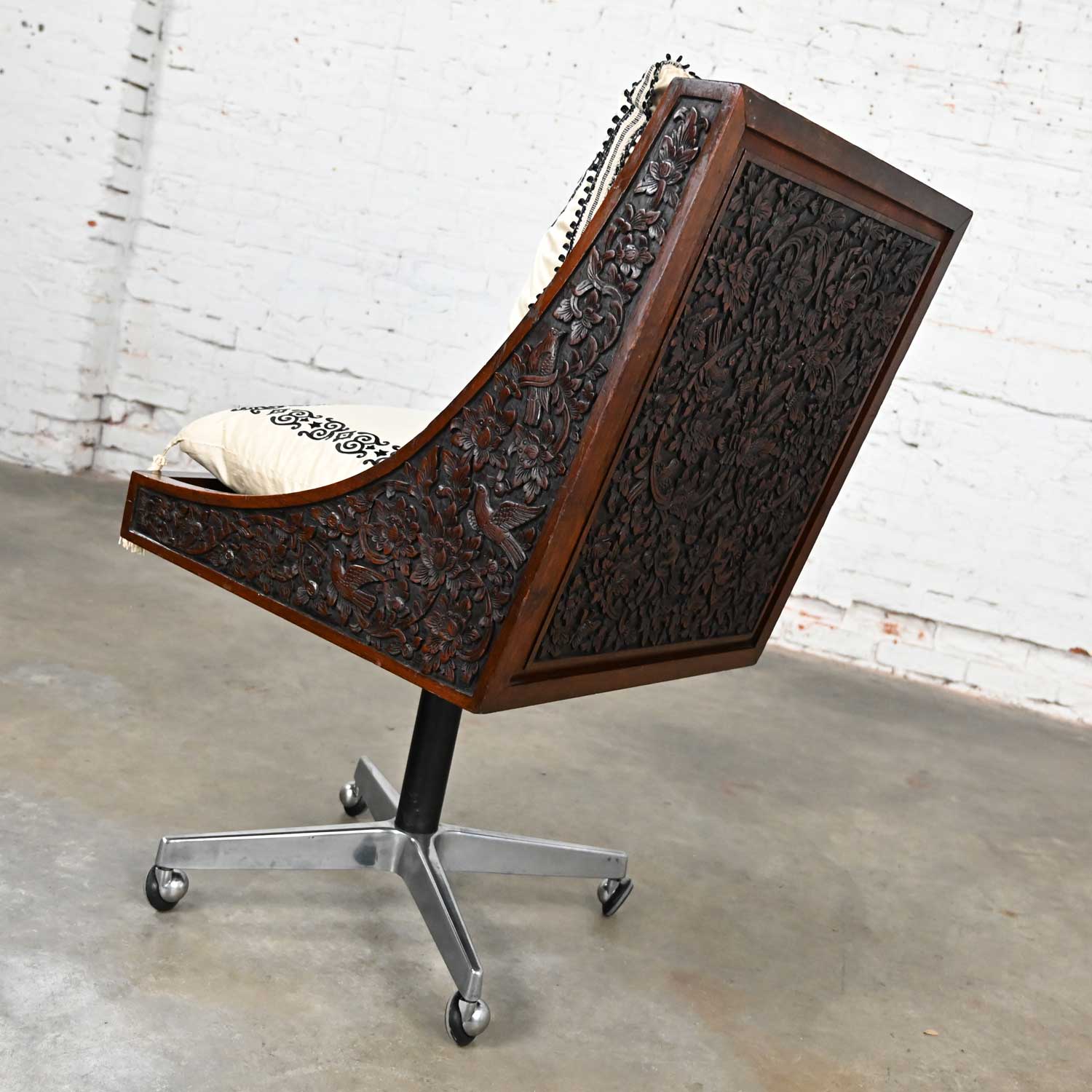 Vintage Chinoiserie Hand Carved Rosewood Rolling Desk Chair from Bangkok Thailand
