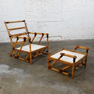 Vintage Campaign Island Style Rattan & Leather Lounge Chair & Ottoman Style Ficks Reed & McGuire
