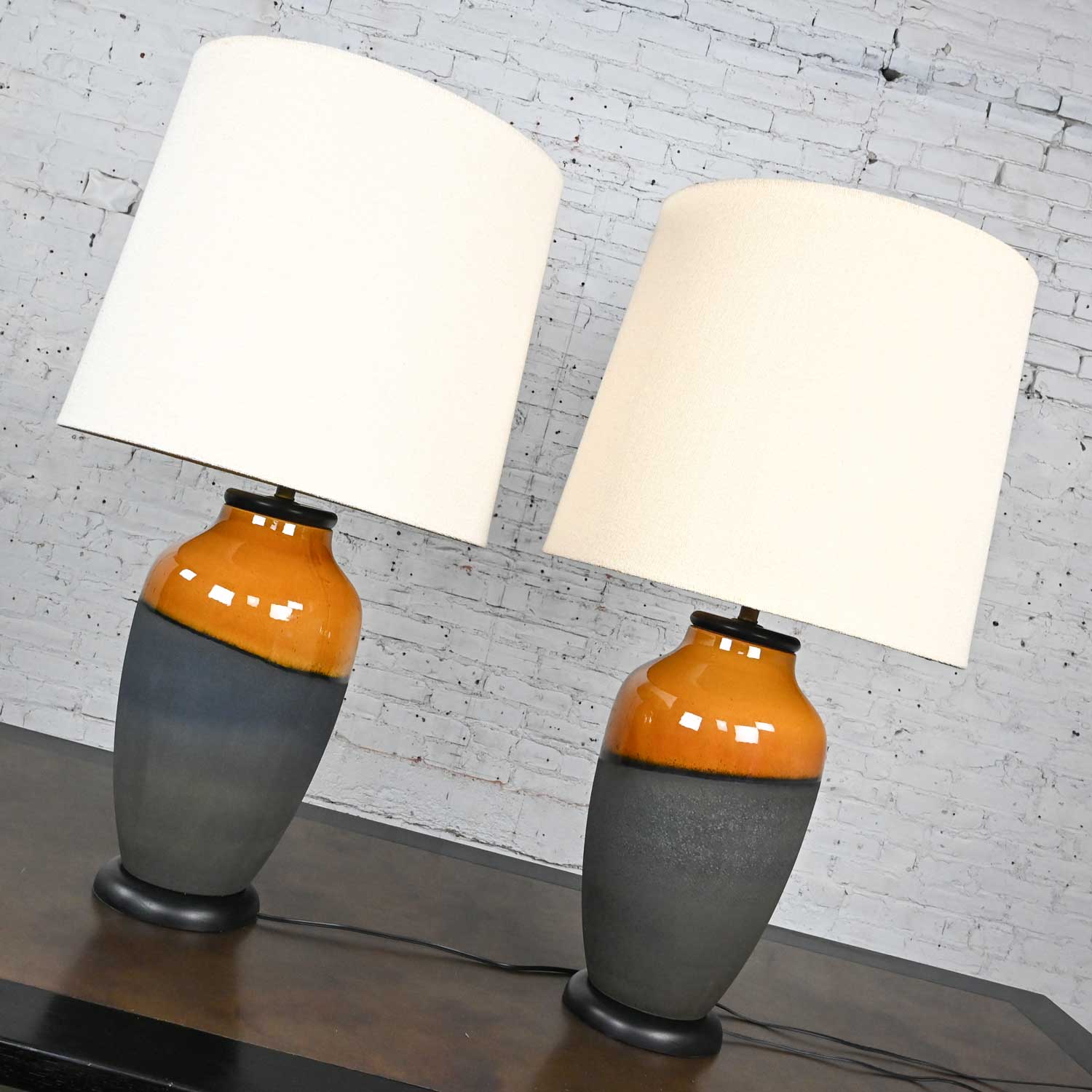 Vintage Mid Century Modern Black Matte & Gold Glazed Large Scale Table Lamps by Carstens Tonnieshof Germany